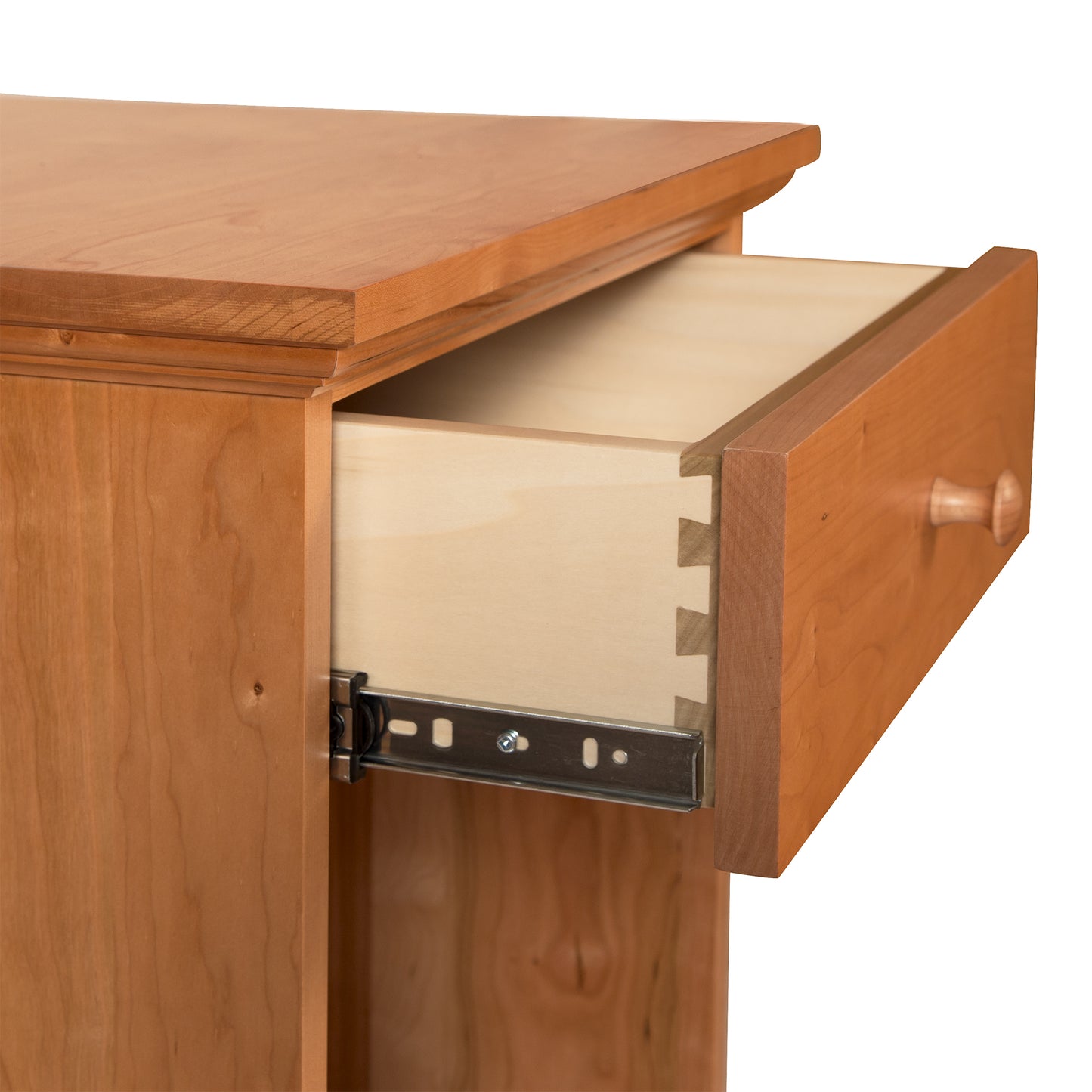 Lyndon Furniture New England Shaker 1-Drawer Nightstand crafted from natural cherry wood with dovetail joints and classic Shaker design.