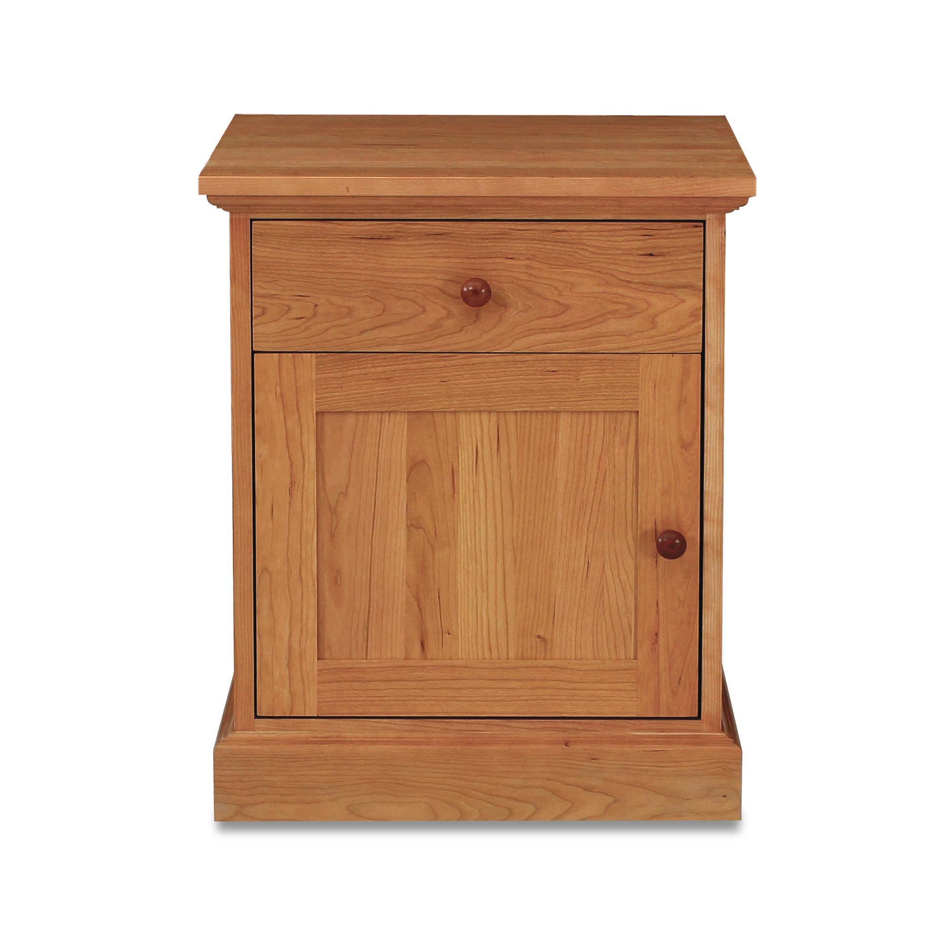 A small Lyndon Furniture New England Shaker 1-Drawer Nightstand with Door made of cherry hardwood, placed on a white background.