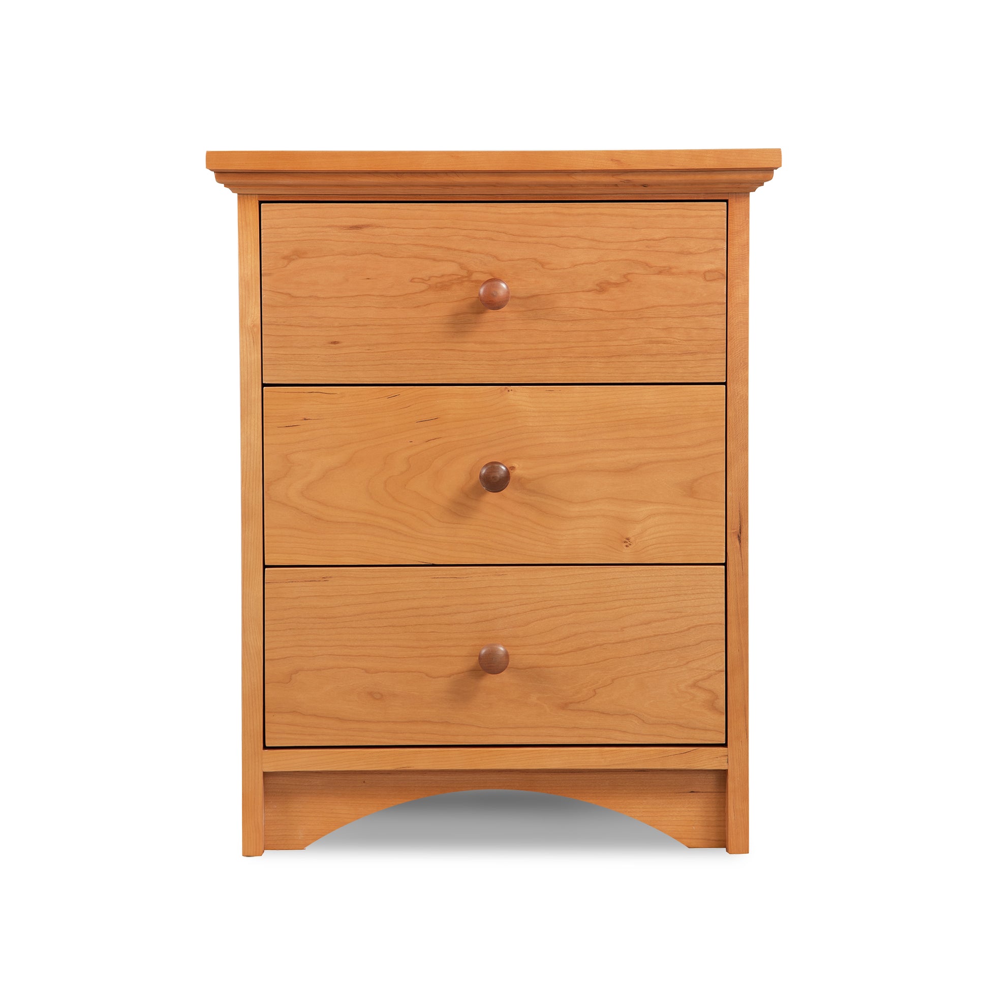 Lyndon Furniture New England Shaker 3-Drawer Nightstand with Arched Base, handcrafted in solid wood, featuring classic Shaker design and clean lines.