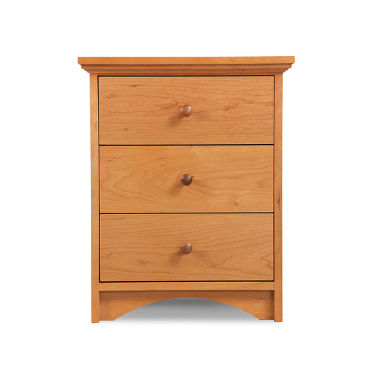 Lyndon Furniture New England Shaker 3-Drawer Nightstand with Arched Base, handcrafted in solid wood, featuring classic Shaker design and clean lines.