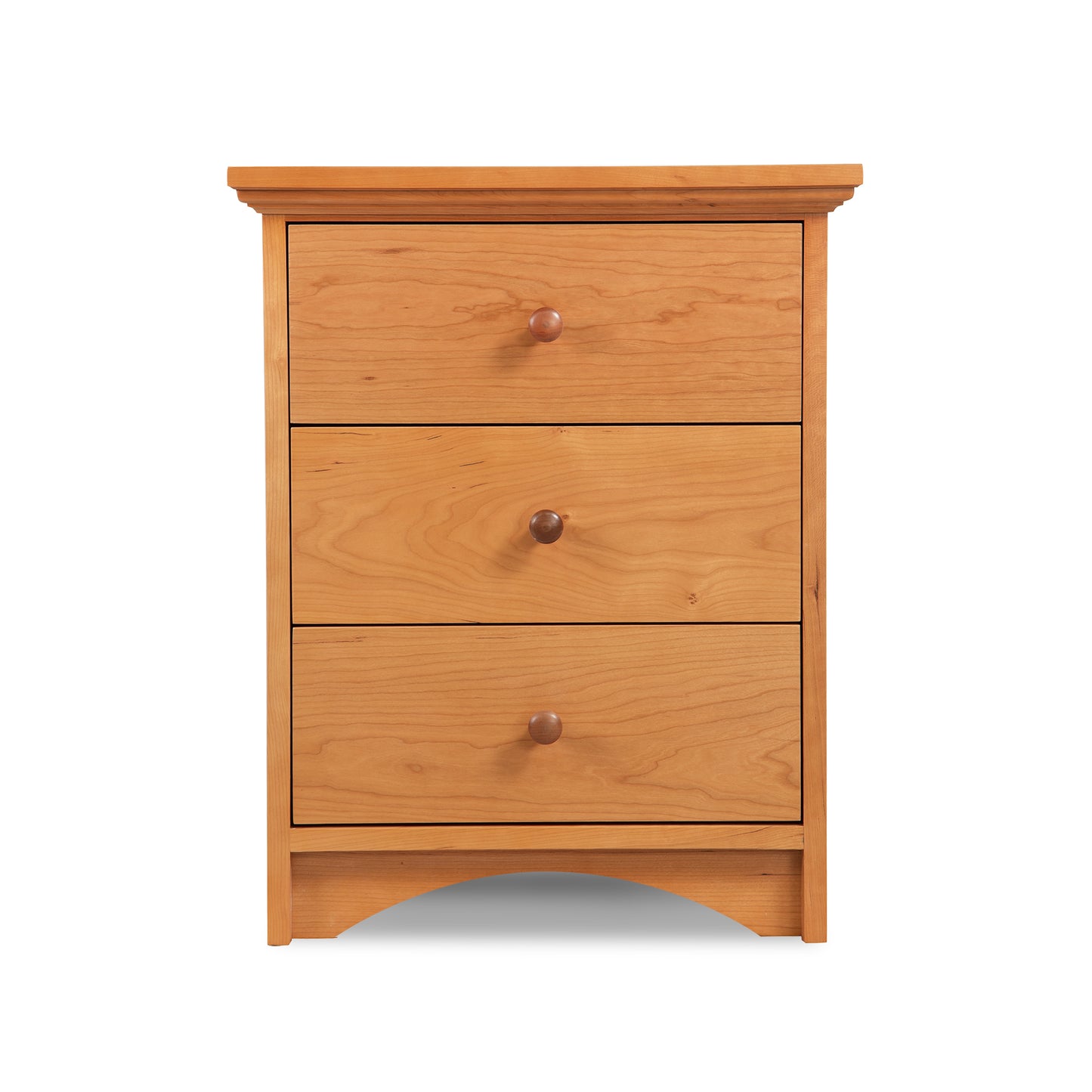 A nightstand with three drawers on a white background.