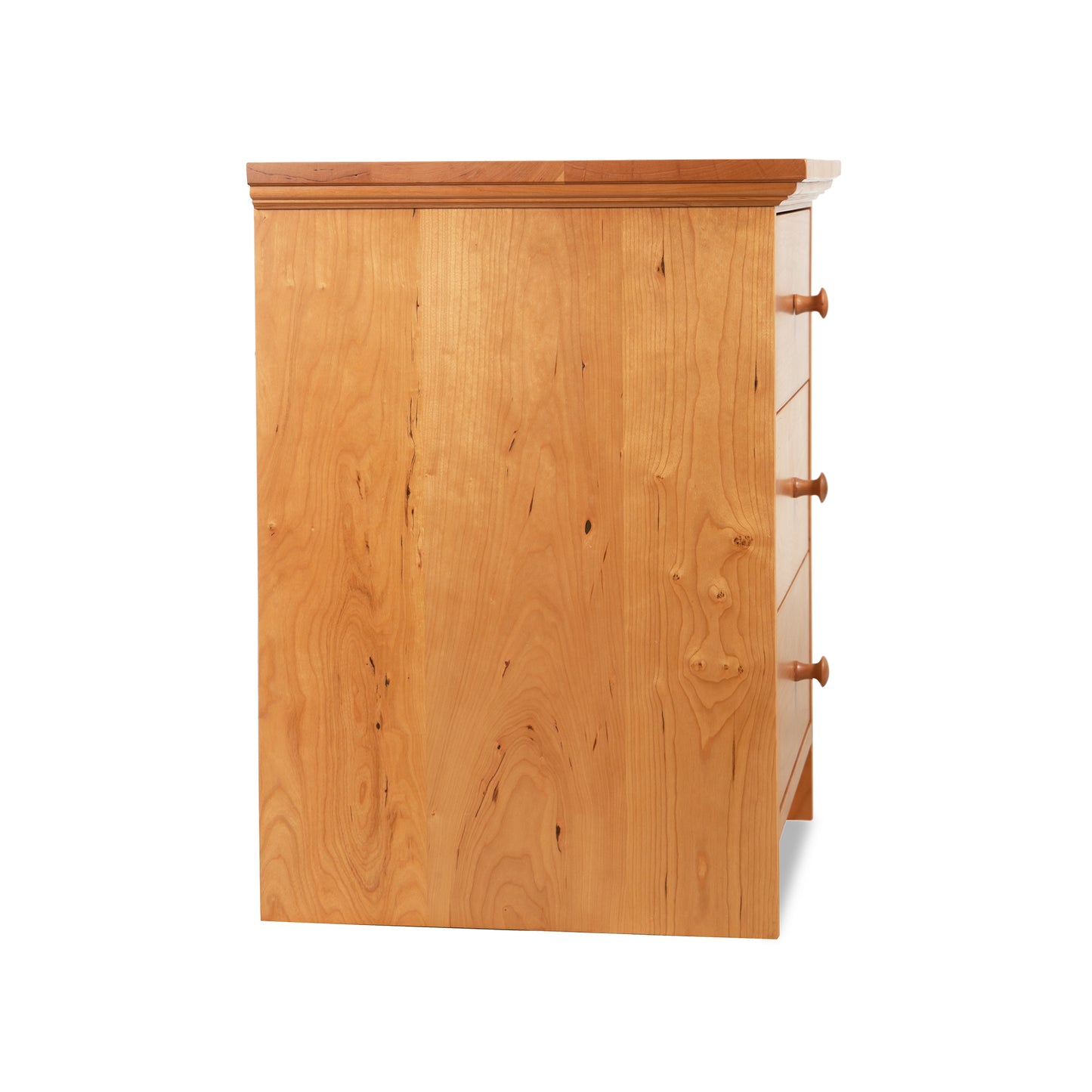 An elegant Lyndon Furniture New England Shaker 3-Drawer Nightstand with Arched Base on a white background.