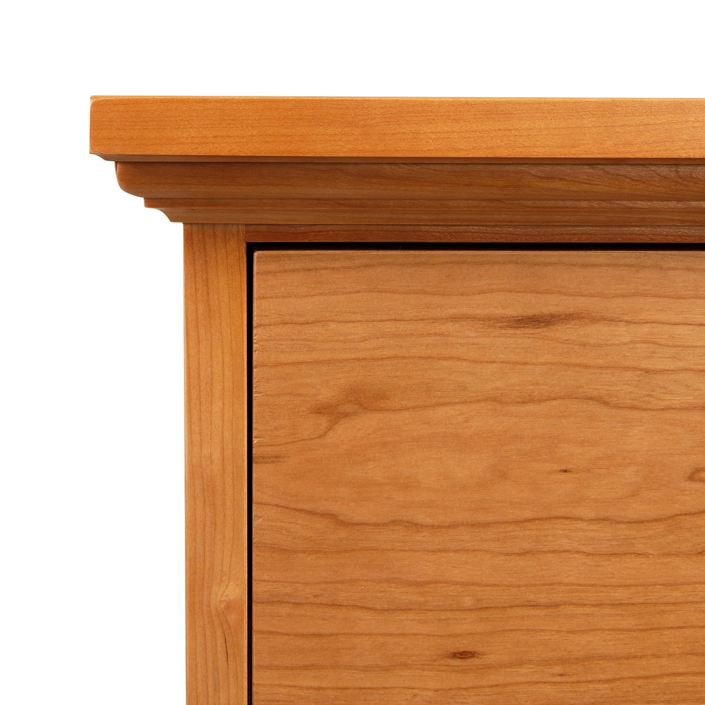 A close up of a Lyndon Furniture New England Shaker 3-Drawer Nightstand with Arched Base.