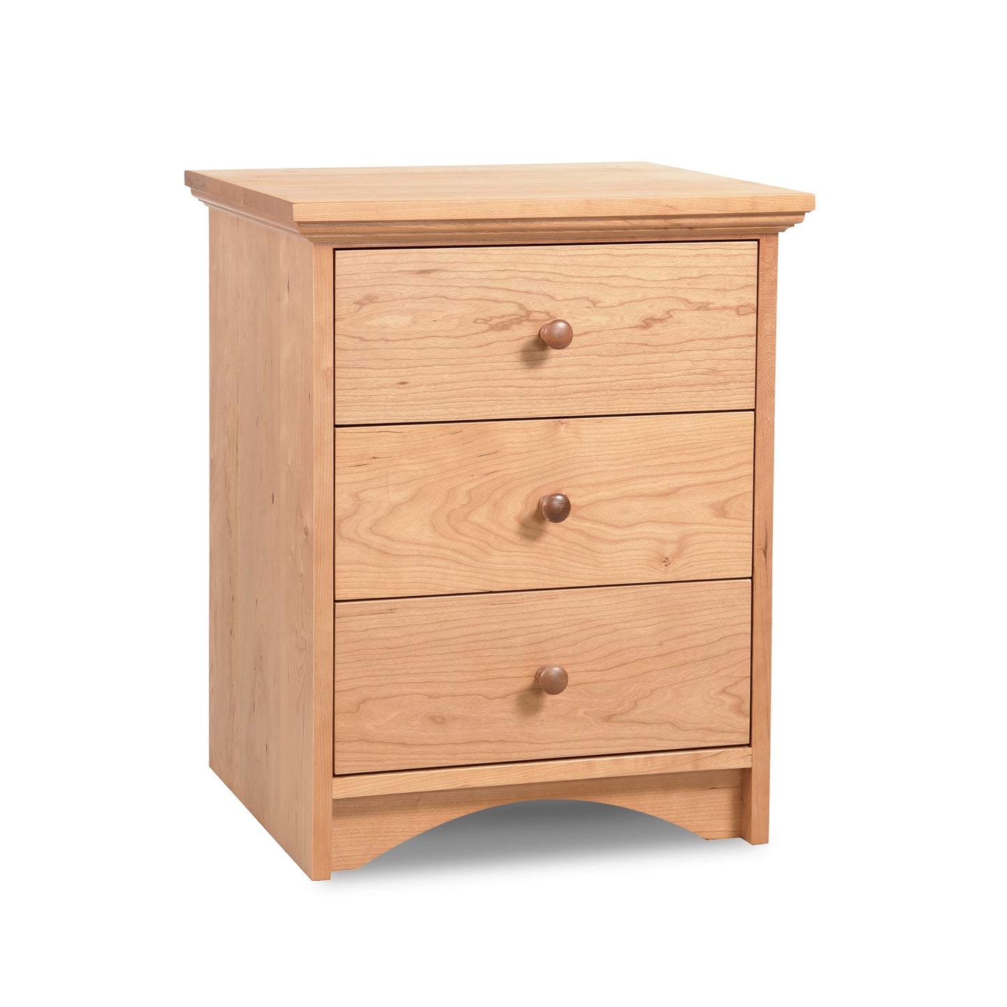 Lyndon Furniture New England Shaker 3-Drawer Nightstand with arched base, crafted in solid wood and showcasing classic Shaker design.