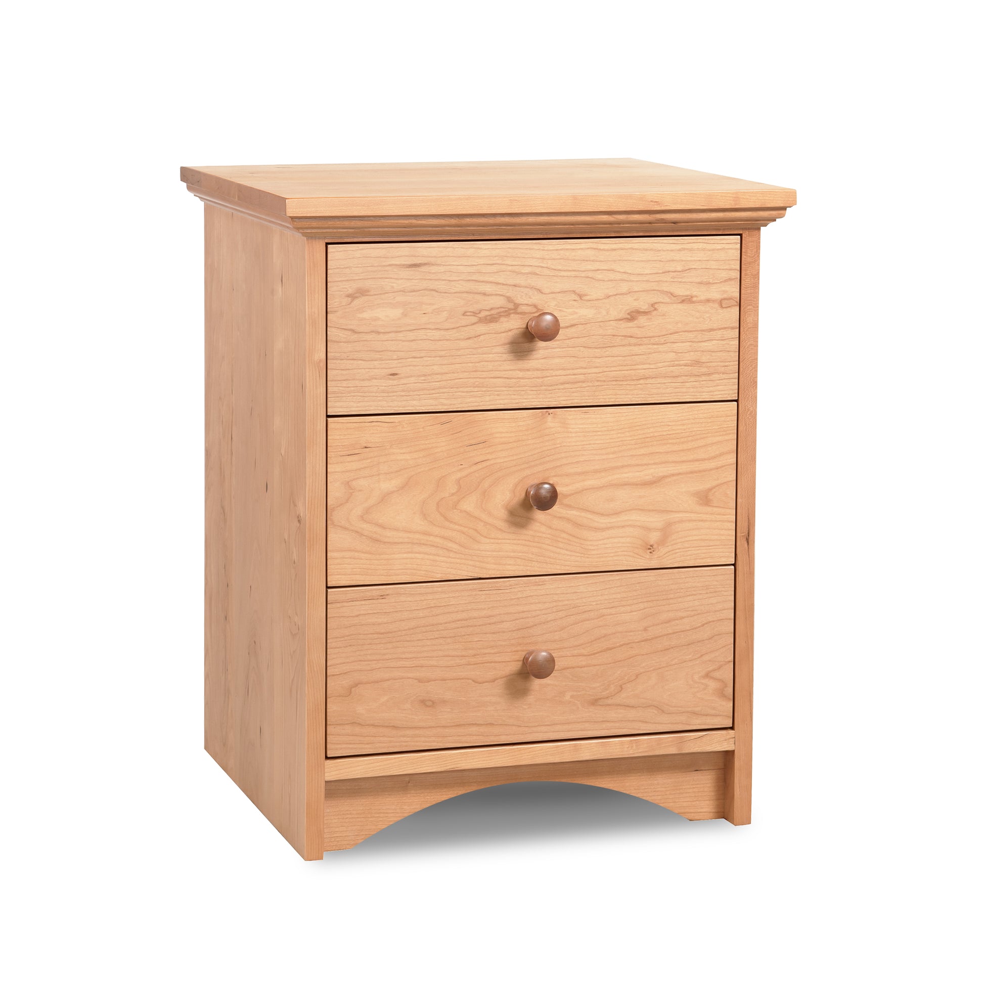 Lyndon Furniture New England Shaker 3-Drawer Nightstand with arched base, crafted in solid wood and showcasing classic Shaker design.