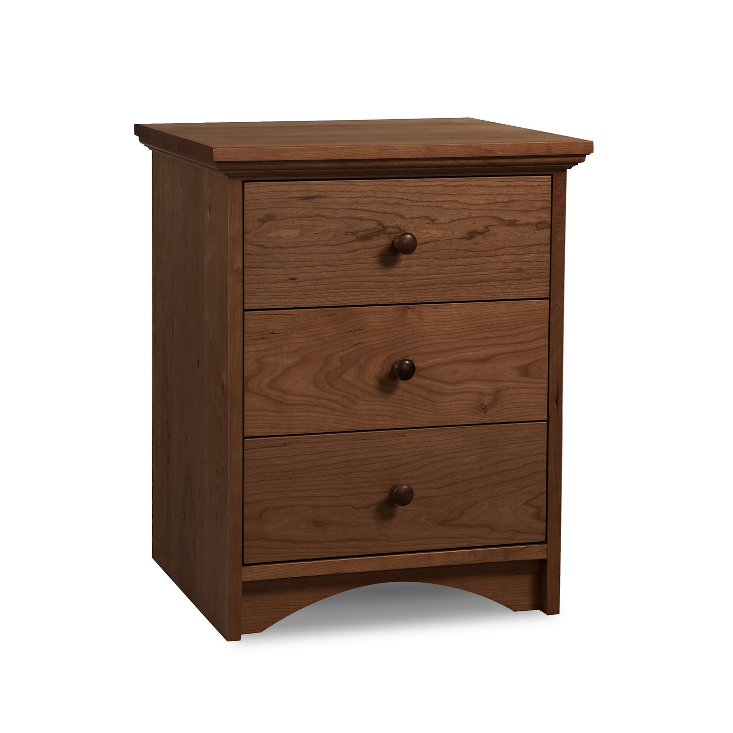 Lyndon Furniture New England Shaker 3-Drawer Nightstand with arched base, classic wood craftsmanship, and round drawer knobs.