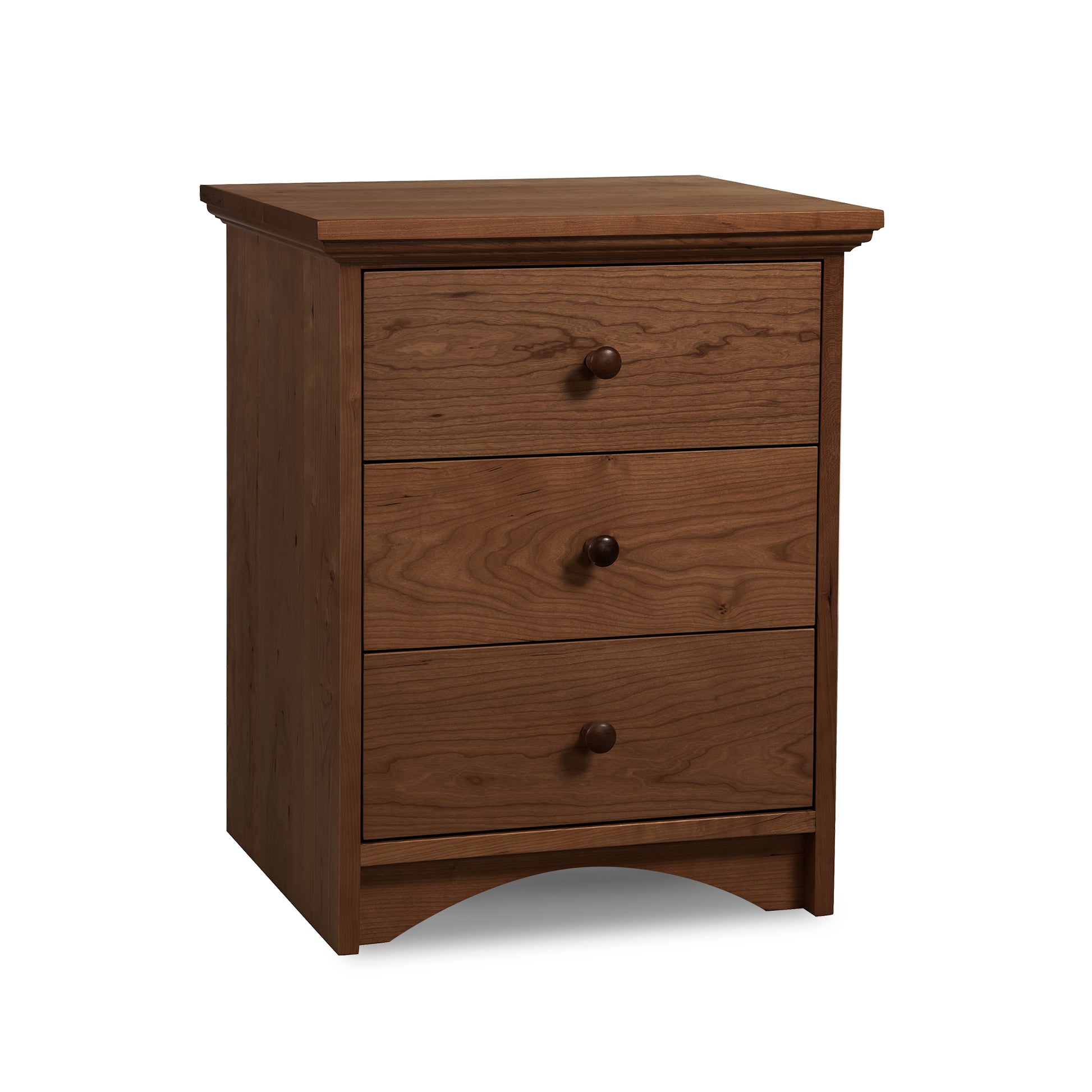 Lyndon Furniture New England Shaker 3-Drawer Nightstand with arched base, classic wood craftsmanship, and round drawer knobs.