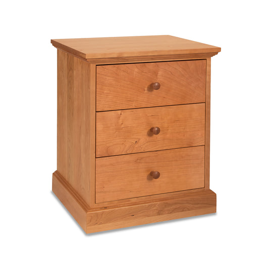 Lyndon Furniture New England Shaker 3-Drawer Nightstand with round wooden knobs, showcasing classic shaker design and smooth wood finish.