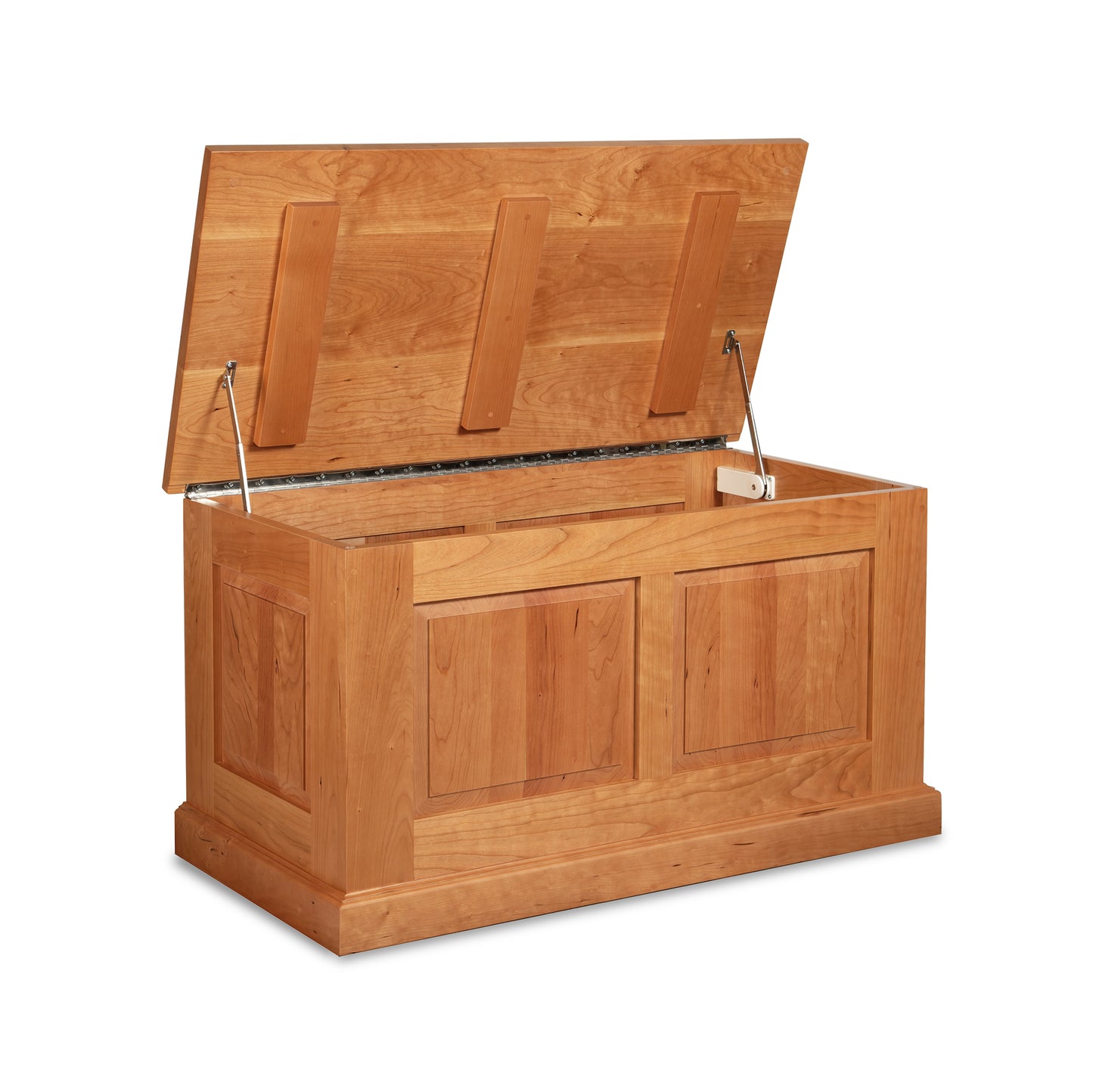 Lyndon Furniture New England Shaker Blanket Box with hinged lid, metal support arms, and spacious hardwood construction in classic shaker style.