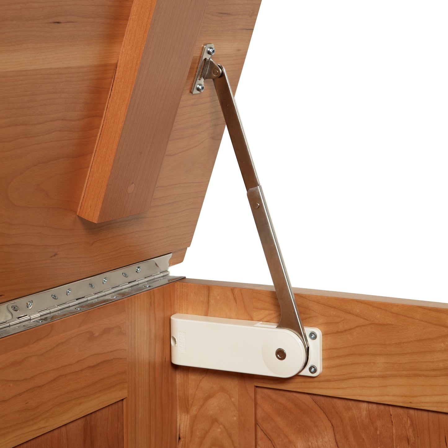 Close-up of a Lyndon Furniture New England Shaker Blanket Box, highlighting its sturdy metal support hinge and fine North American hardwood craftsmanship.