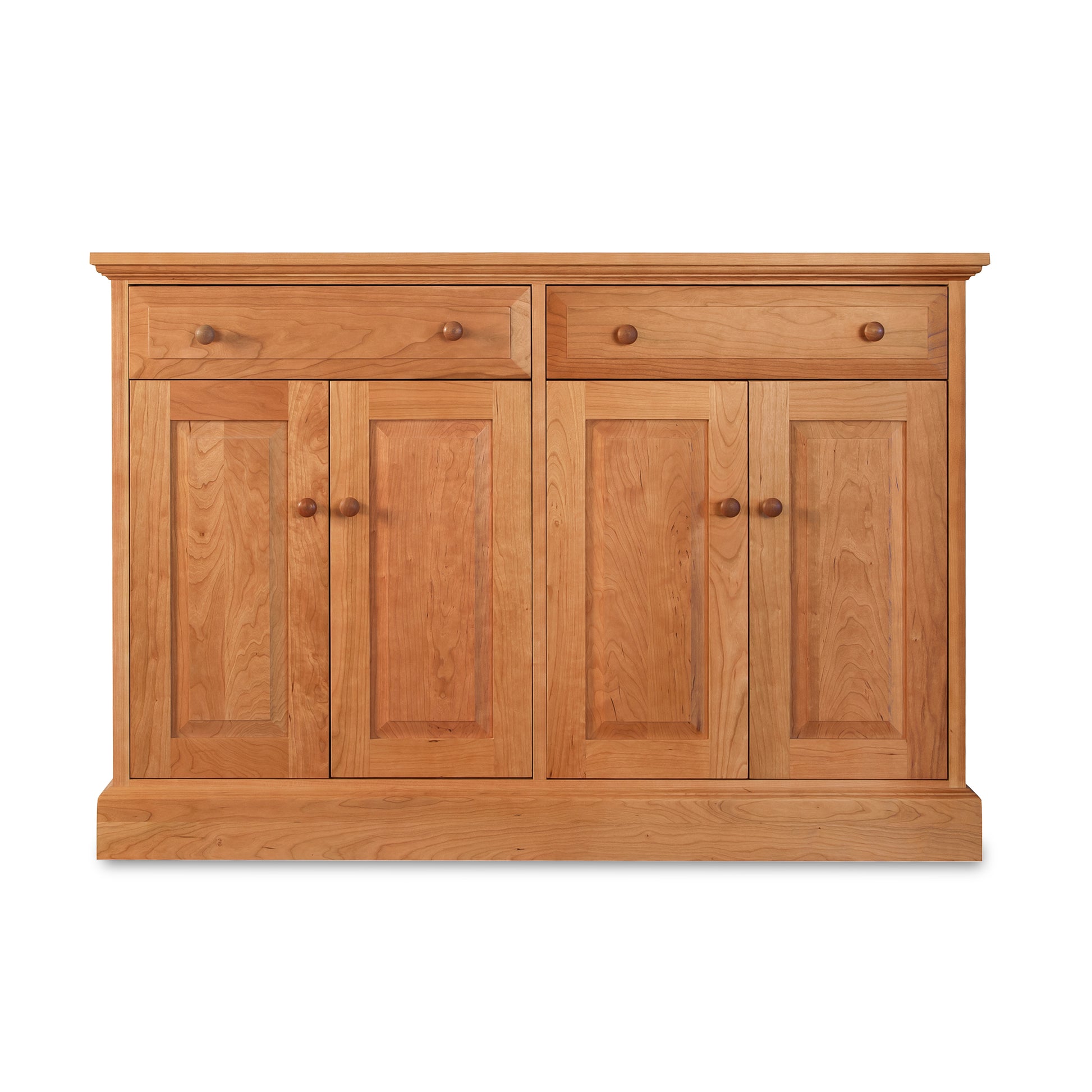 New England Shaker Buffet by Lyndon Furniture with a natural finish, featuring two drawers and four doors with round wooden knobs.
