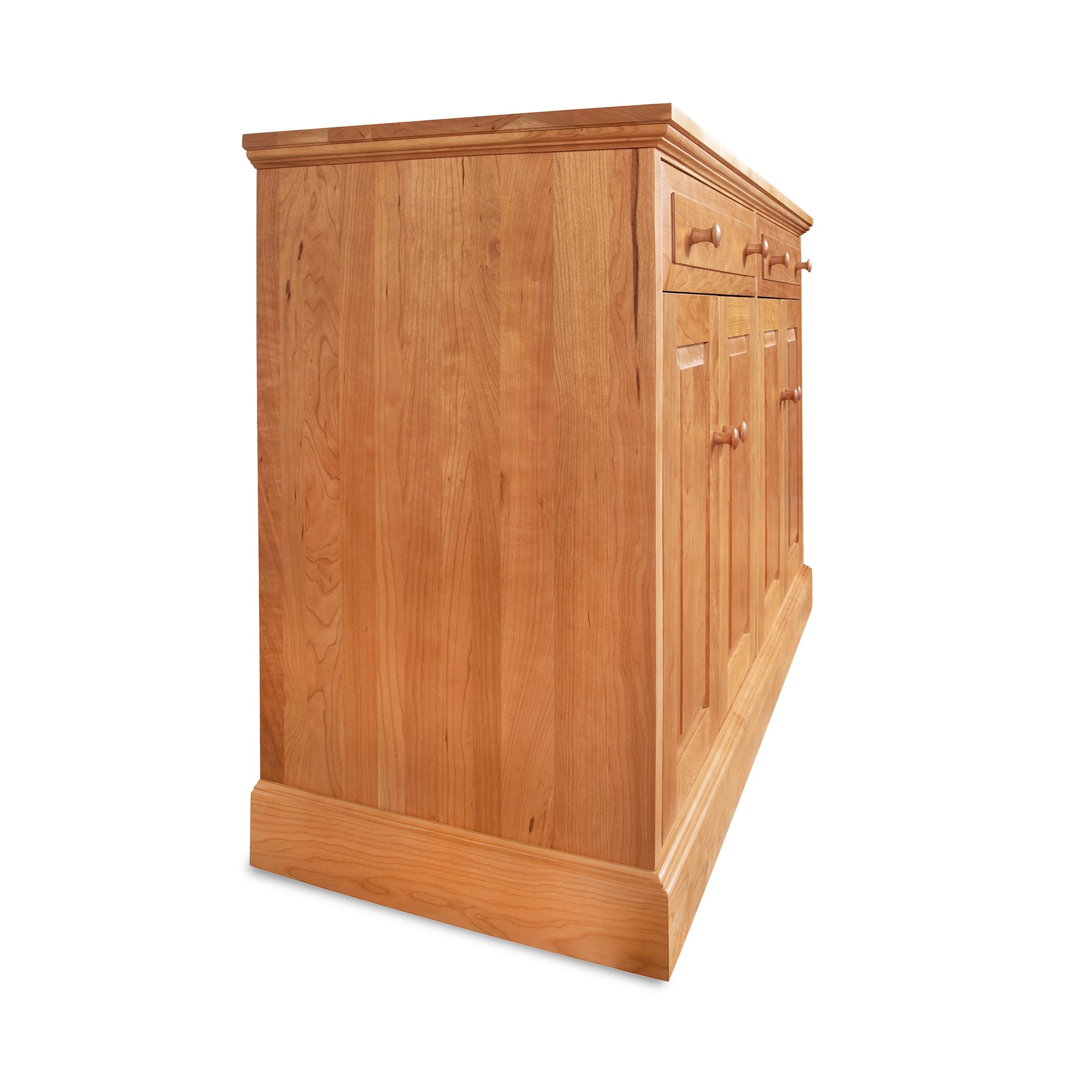 New England Shaker Buffet by Lyndon Furniture with rich brown finish, rectangular design, paneled doors, and round knobs.