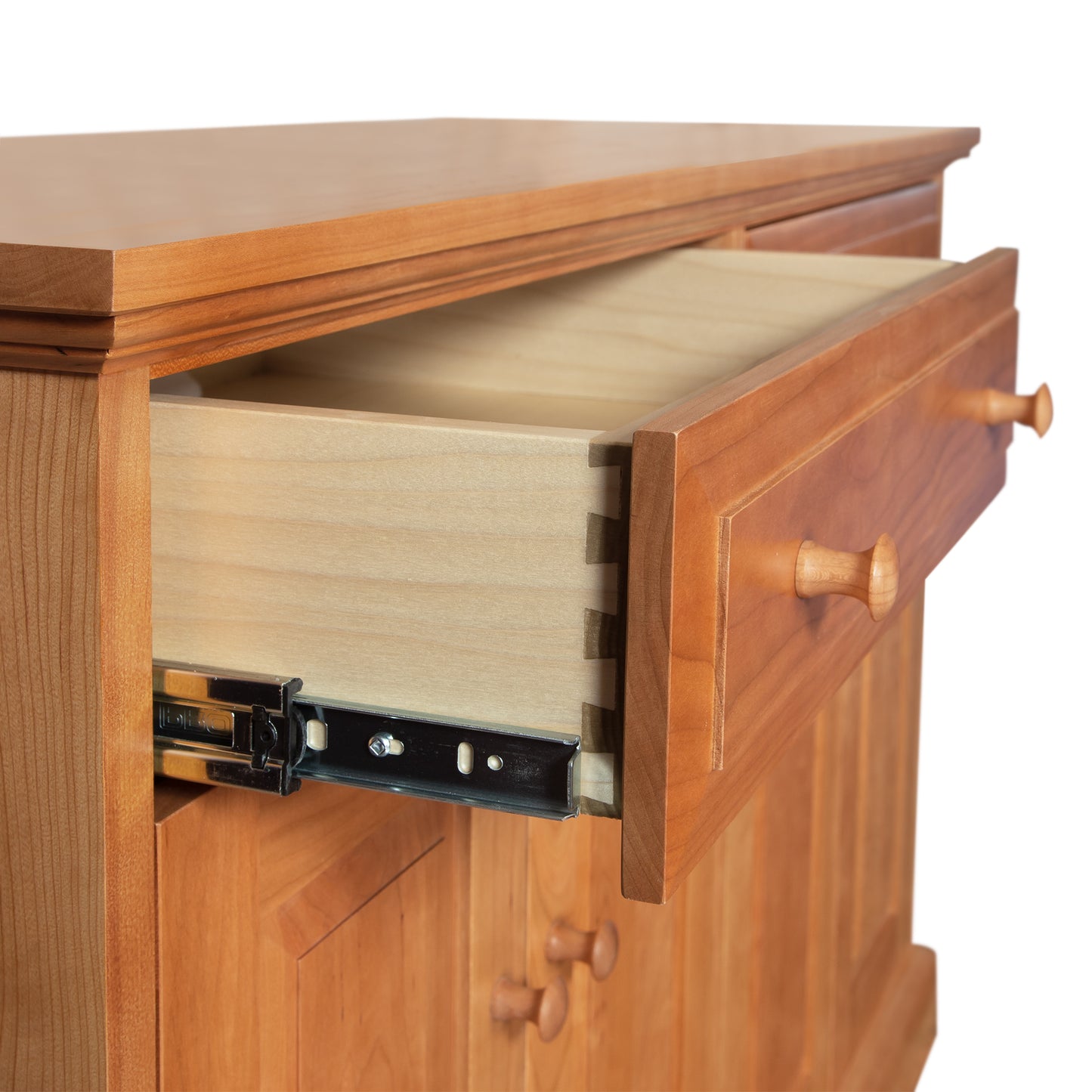 New England Shaker Buffet by Lyndon Furniture with dovetail joints, rounded knobs, and light brown finish crafted in Vermont.