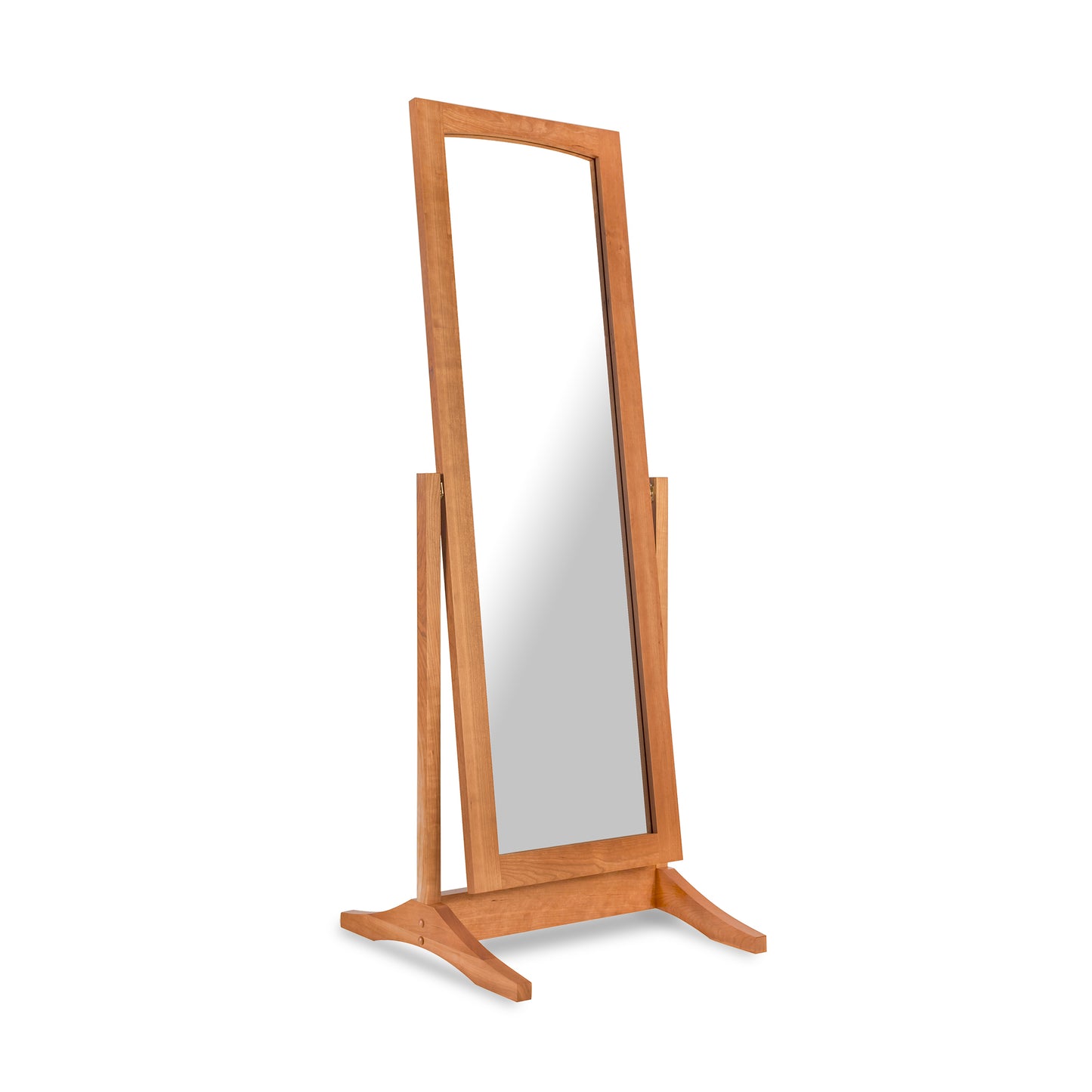 Lyndon Furniture New England Shaker Floor Mirror with solid hardwood frame and stand, shown angled to highlight its craftsmanship.