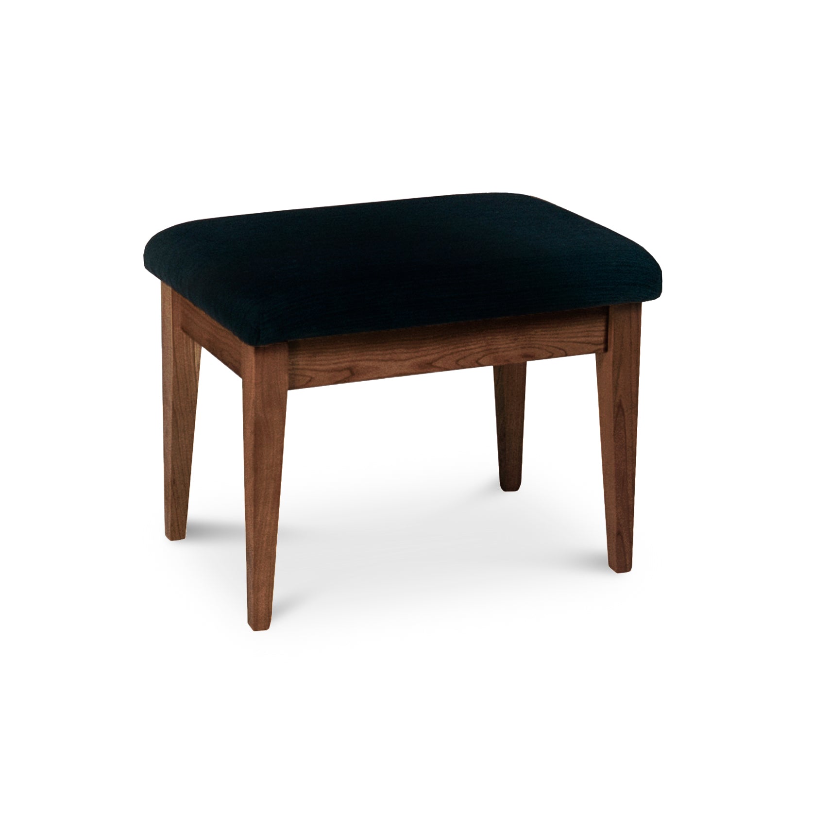 A sustainably harvested wood New England Shaker Dressing Stool, handcrafted with a black velvet upholstered seat by Lyndon Furniture.