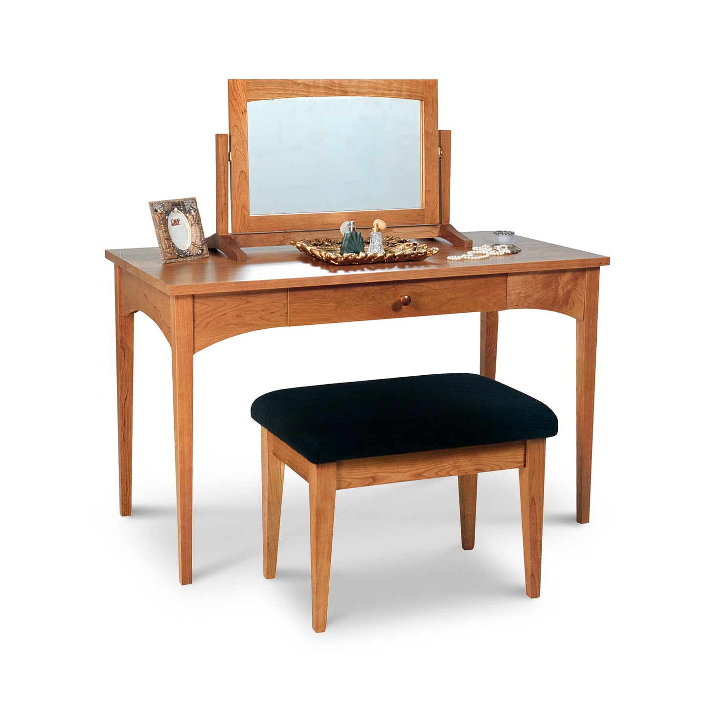 Lyndon Furniture New England Shaker Ladies' Dressing Table with mirror and matching stool, showcasing classic American craftsmanship in solid wood.