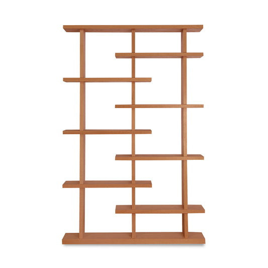 Lyndon Furniture New York Contemporary Bookcase with asymmetrical nine-shelf design in sustainably sourced wood.