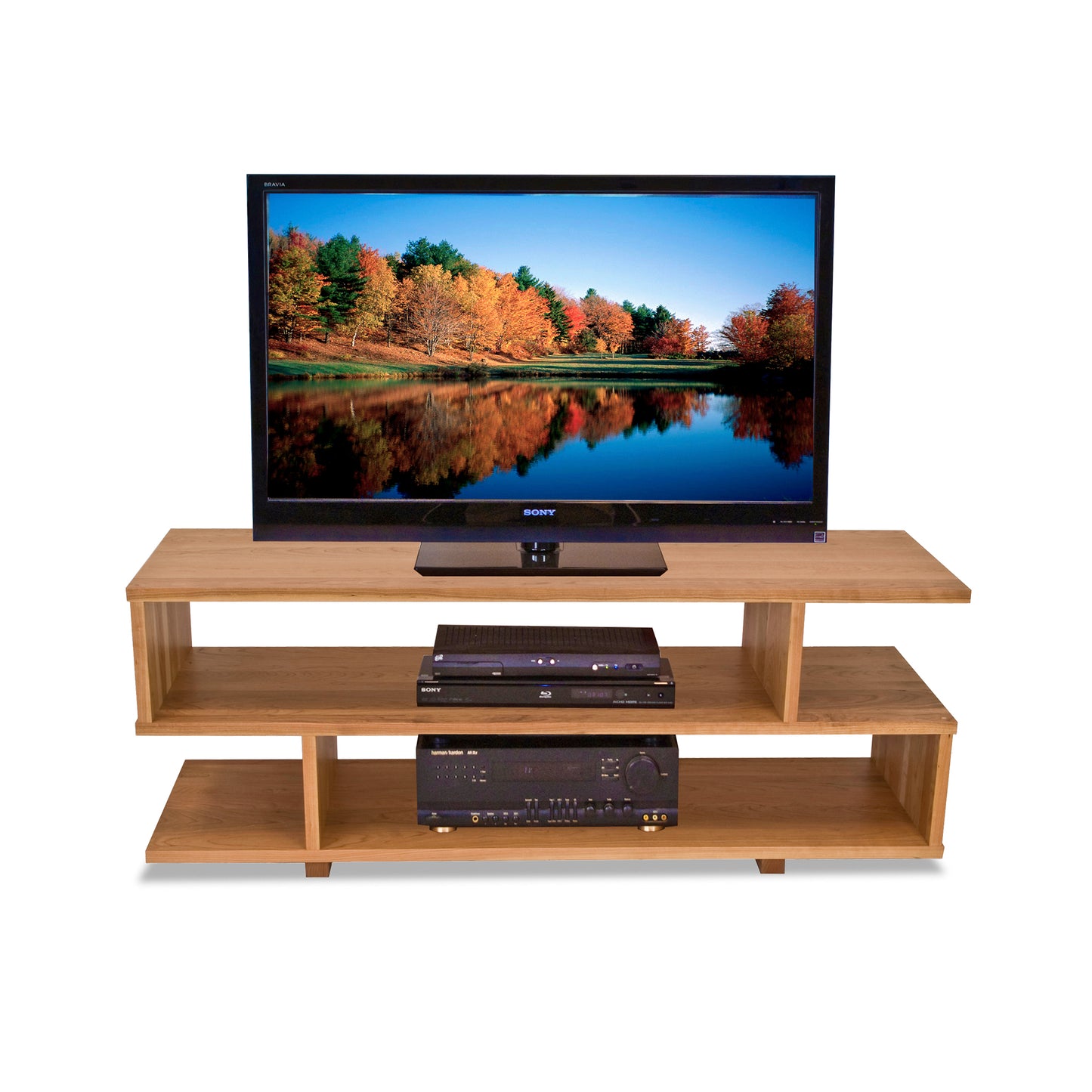 Lyndon Furniture New York Contemporary TV Stand #3 with two spacious shelves, showcasing sleek, modern design in rich wood.