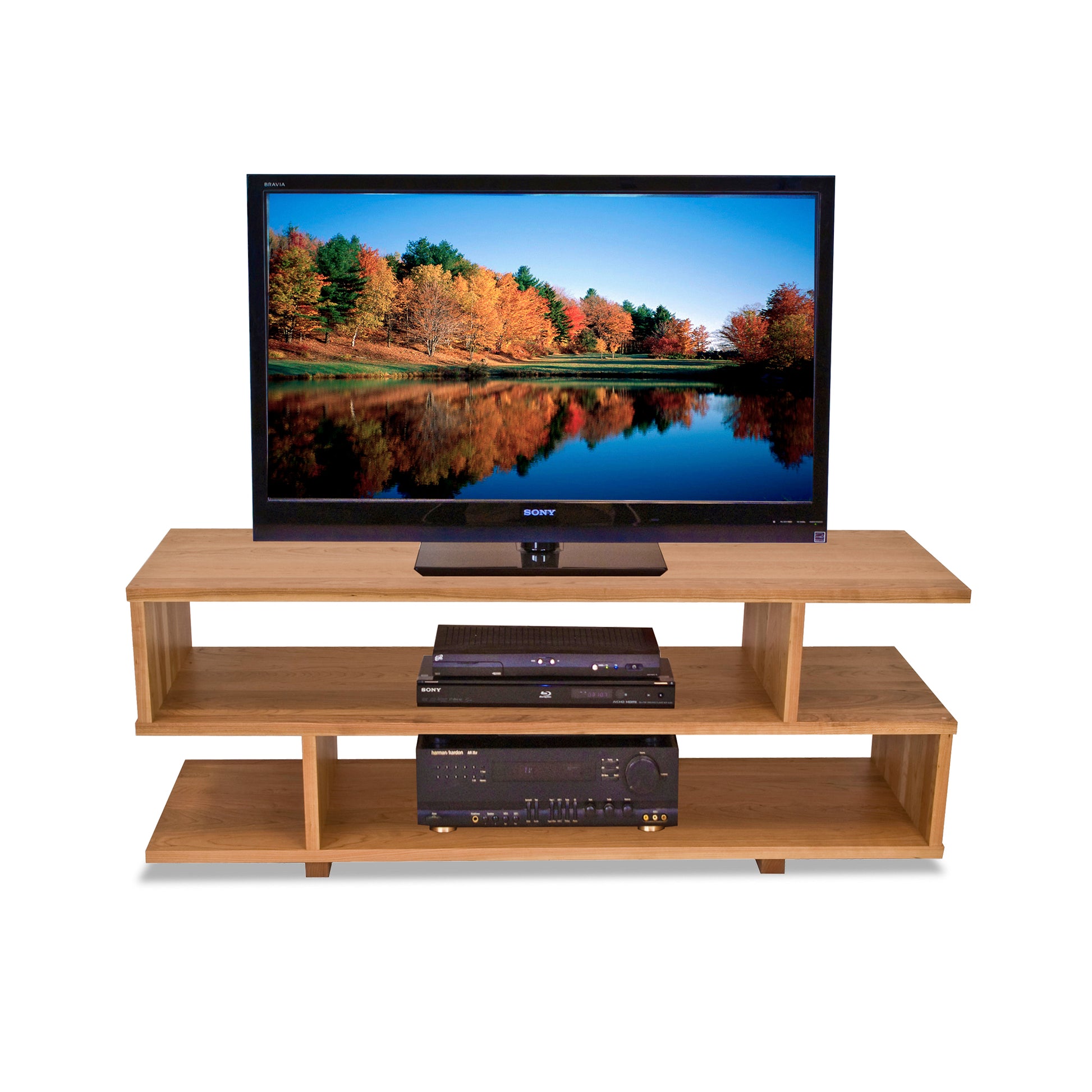 Lyndon Furniture New York Contemporary TV Stand #3 with two spacious shelves, showcasing sleek, modern design in rich wood.