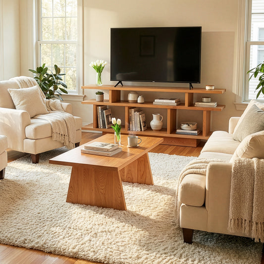 Lyndon Furniture’s New York Contemporary TV Stand #1 featured in a living room with light sofas and a wooden coffee table.