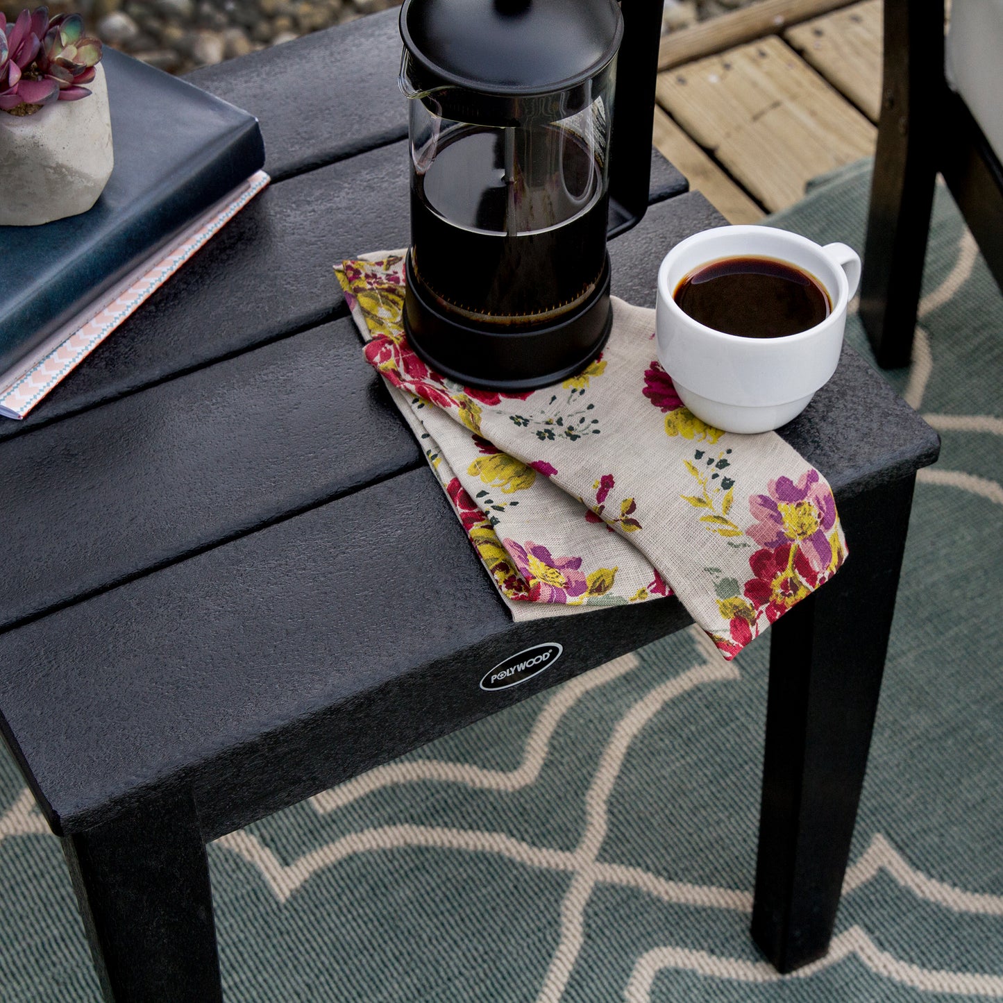 POLYWOOD Newport 18" End Table featuring a sleek French press and coffee cup.