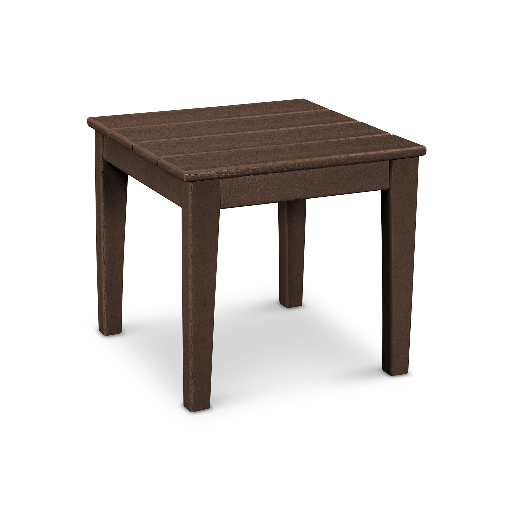 A simple brown POLYWOOD® Newport 18" End Table with a textured top and four sturdy legs, weather resistant, isolated on a white background.