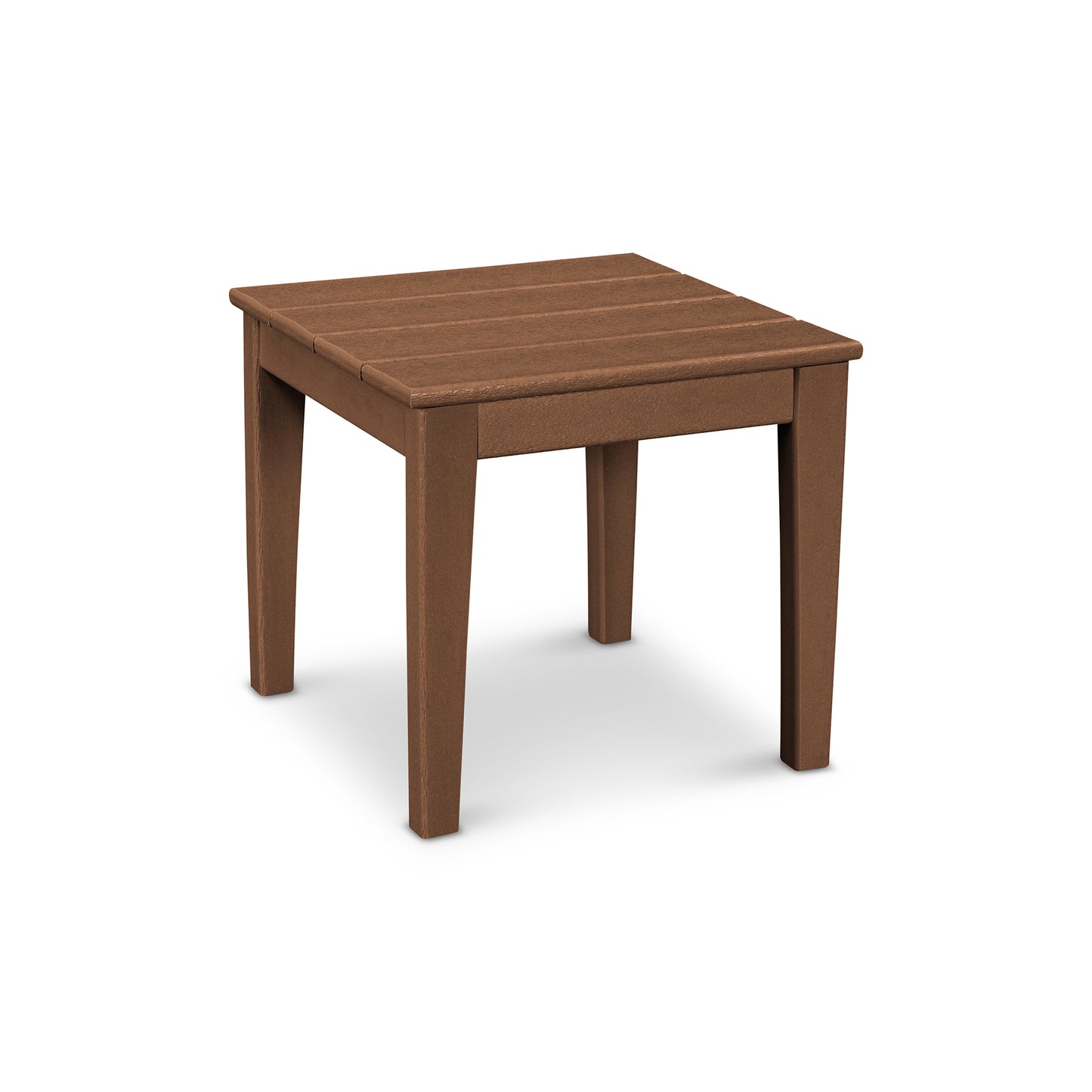 A simple, brown POLYWOOD Newport 18" End Table with a flat top and four legs, isolated on a white background.