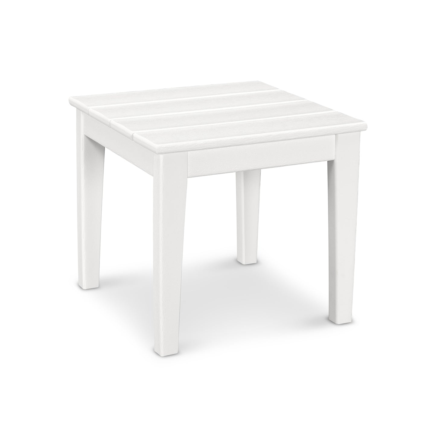 A simple white square POLYWOOD® Newport 18" End Table with a slatted top and four legs, isolated on a white background.