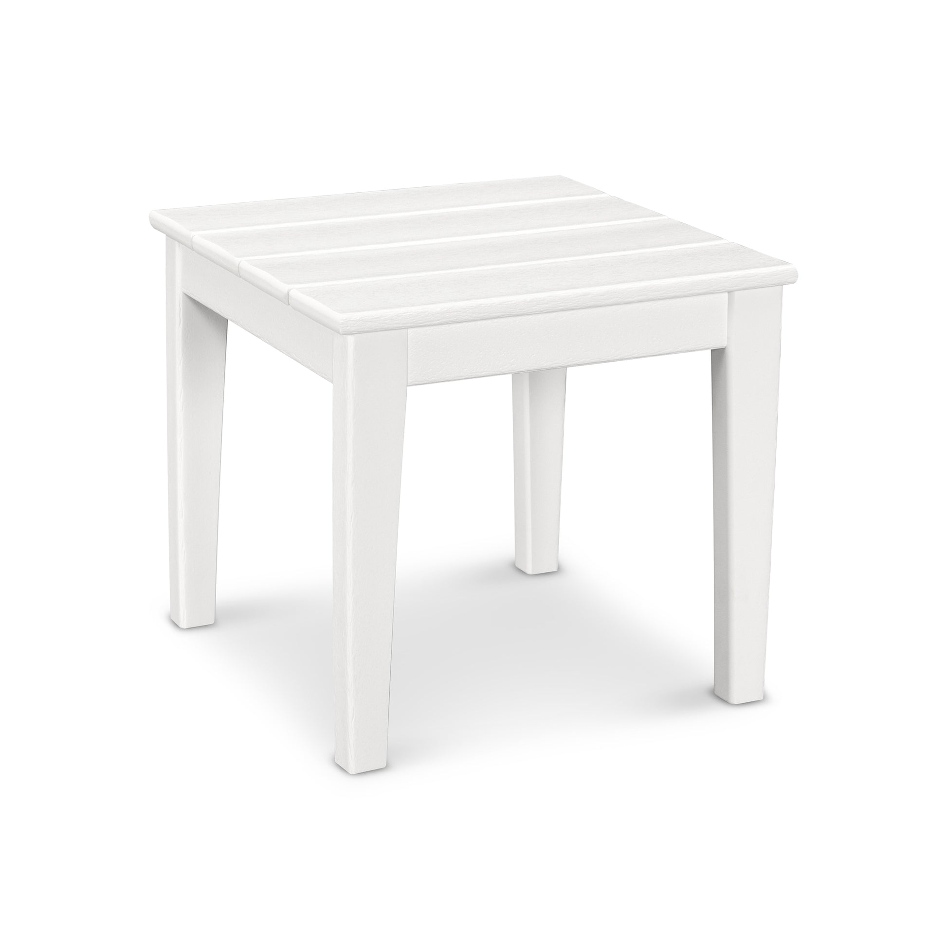 POLYWOOD Newport 18" End Table in white with a slatted top and durable four-leg design made from recycled plastic lumber, ideal for outdoor use.