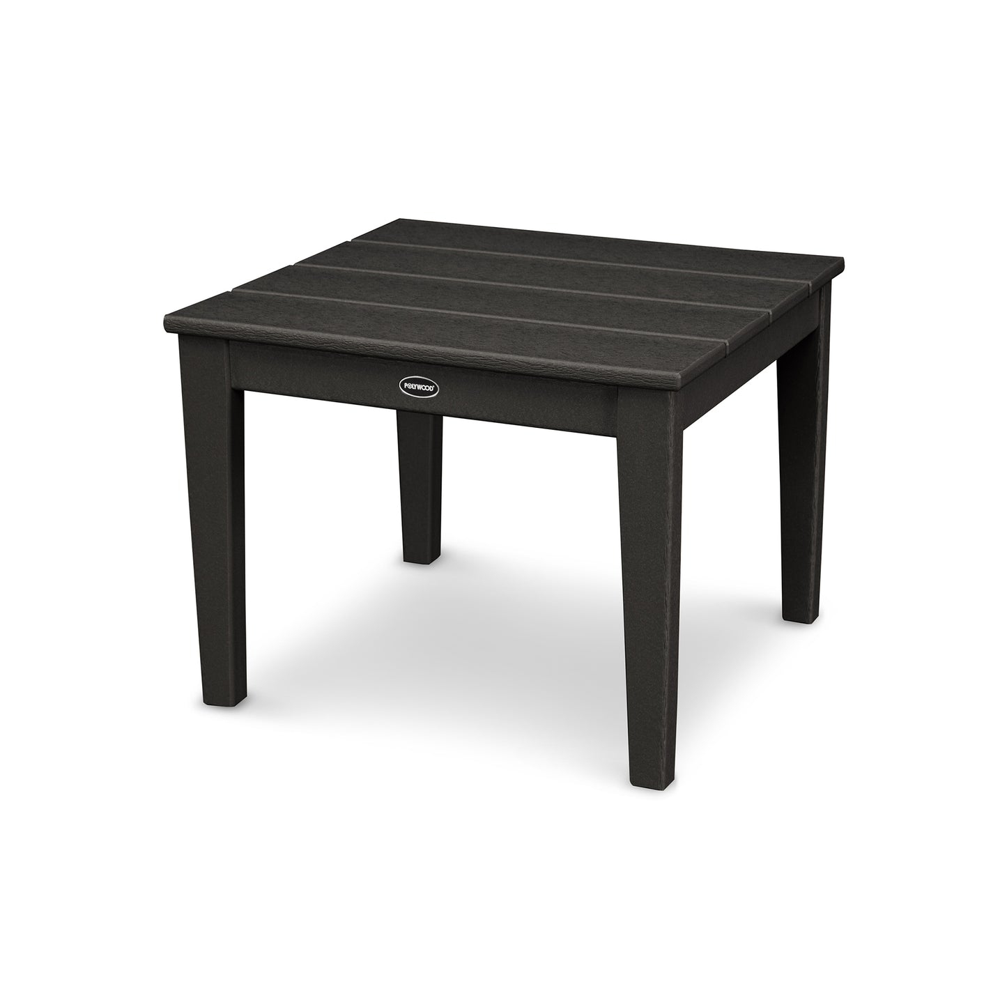 Black POLYWOOD Newport 22" End Table with four legs and brand emblem, designed for outdoor use.