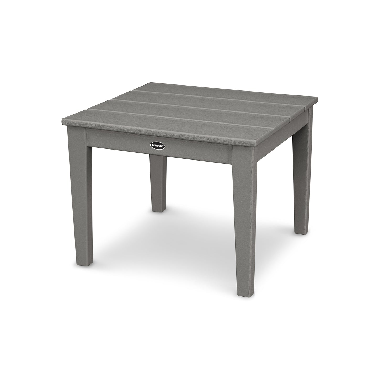A square, gray POLYWOOD Newport 22" end table made of durable plastic, featuring a slatted top and sturdy legs, with a small logo on one side. The table is depicted against a plain white background.