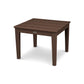 A simple brown square outdoor table with a slatted top and sturdy legs on a plain white background. This weather-resistant POLYWOOD Newport 22" End Table features a small, round POLYWOOD brand logo on one side.