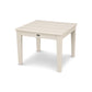 A simple beige POLYWOOD Newport 22" End Table outdoor side table with a rectangular top and four sturdy legs, displayed against a plain, white background. A small logo is visible on one side of the tabletop.