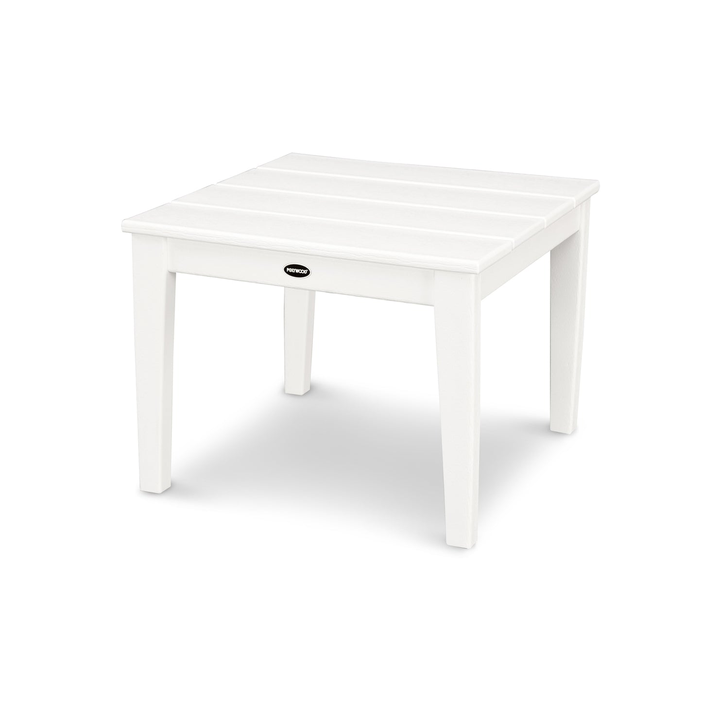 A white, square POLYWOOD Newport 22" end table with a smooth top and sturdy legs, isolated on a white background with a visible brand logo on one side.
