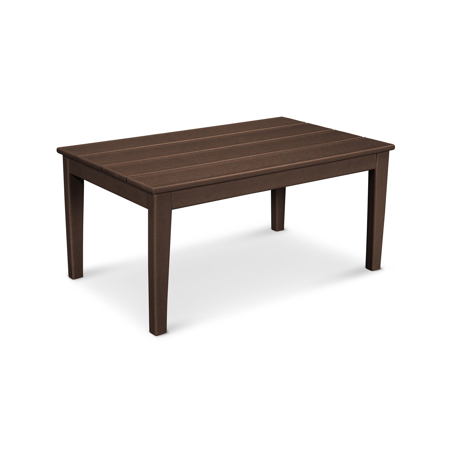POLYWOOD Newport 22"x36" dark brown coffee table with slatted top and sturdy four-leg design, perfect for outdoor use.