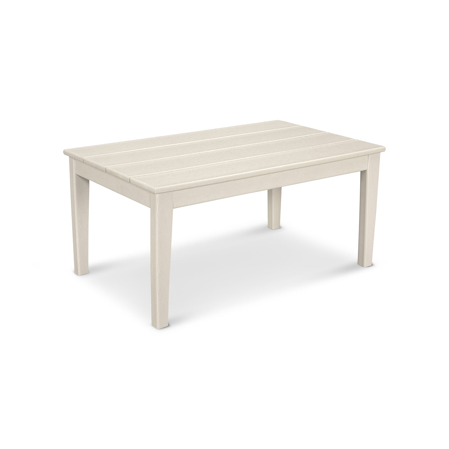 POLYWOOD Newport Coffee Table with beige slatted top and recycled plastic lumber legs.