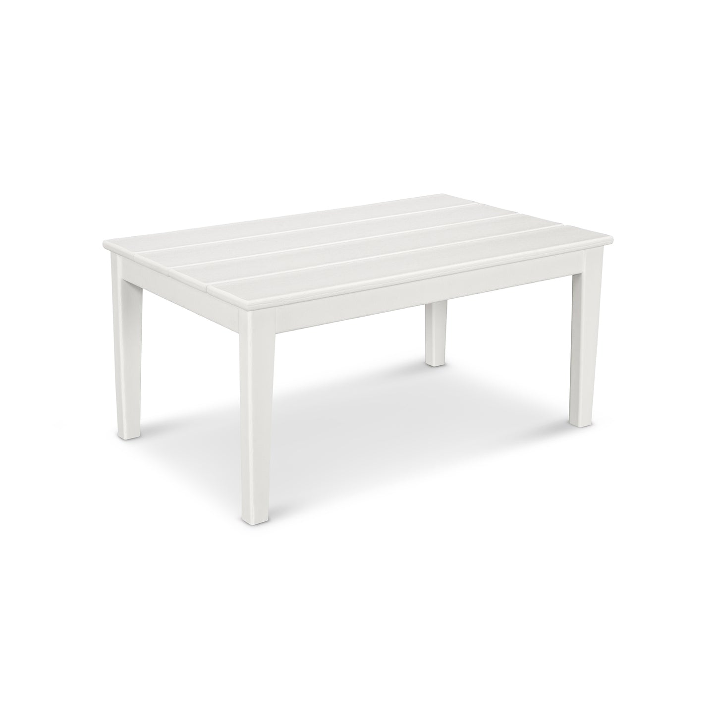 A simple white rectangular POLYWOOD® Newport 22"x36" Coffee Table with four legs, presented on a plain white background. The table has a slightly textured surface and clean, straight lines.