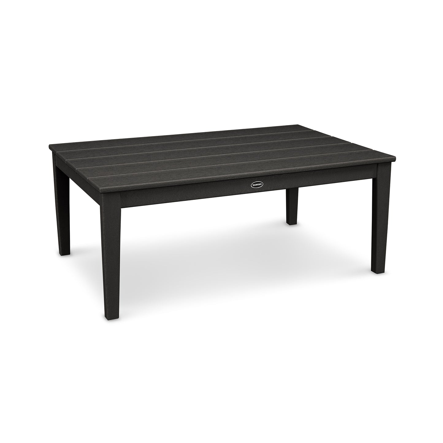 Black POLYWOOD Newport 28"x42" coffee table featuring a slatted top and weather-resistant design.