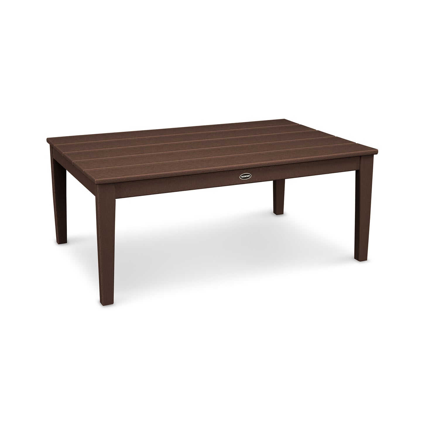 A rectangular POLYWOOD® Newport 28" x 42" coffee table made of brown synthetic wood, featuring a simple, sturdy design with four legs and a small round logo on one side.
