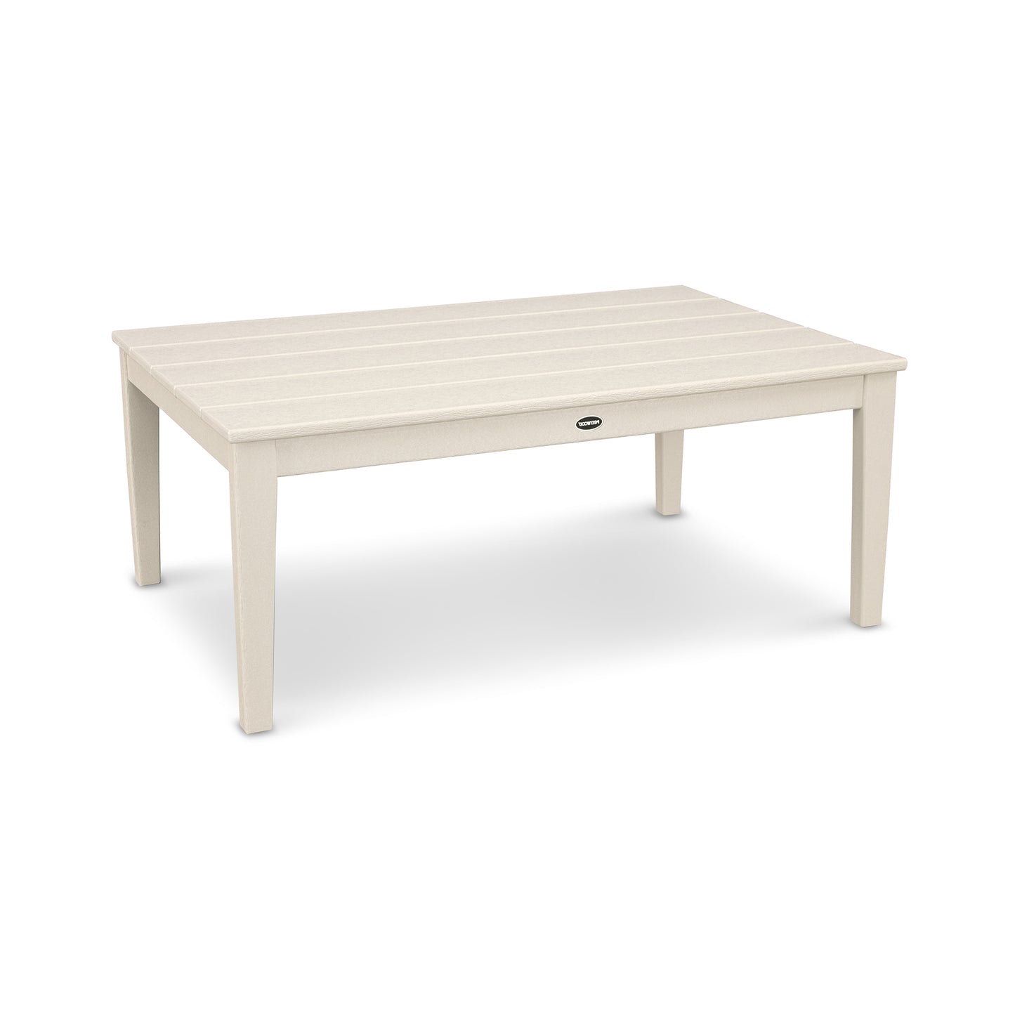 A beige rectangular POLYWOOD® Newport 28" x 42" Coffee Table outdoor table with a slatted top and four legs, featuring a small, round umbrella hole in the center, set against a white background.