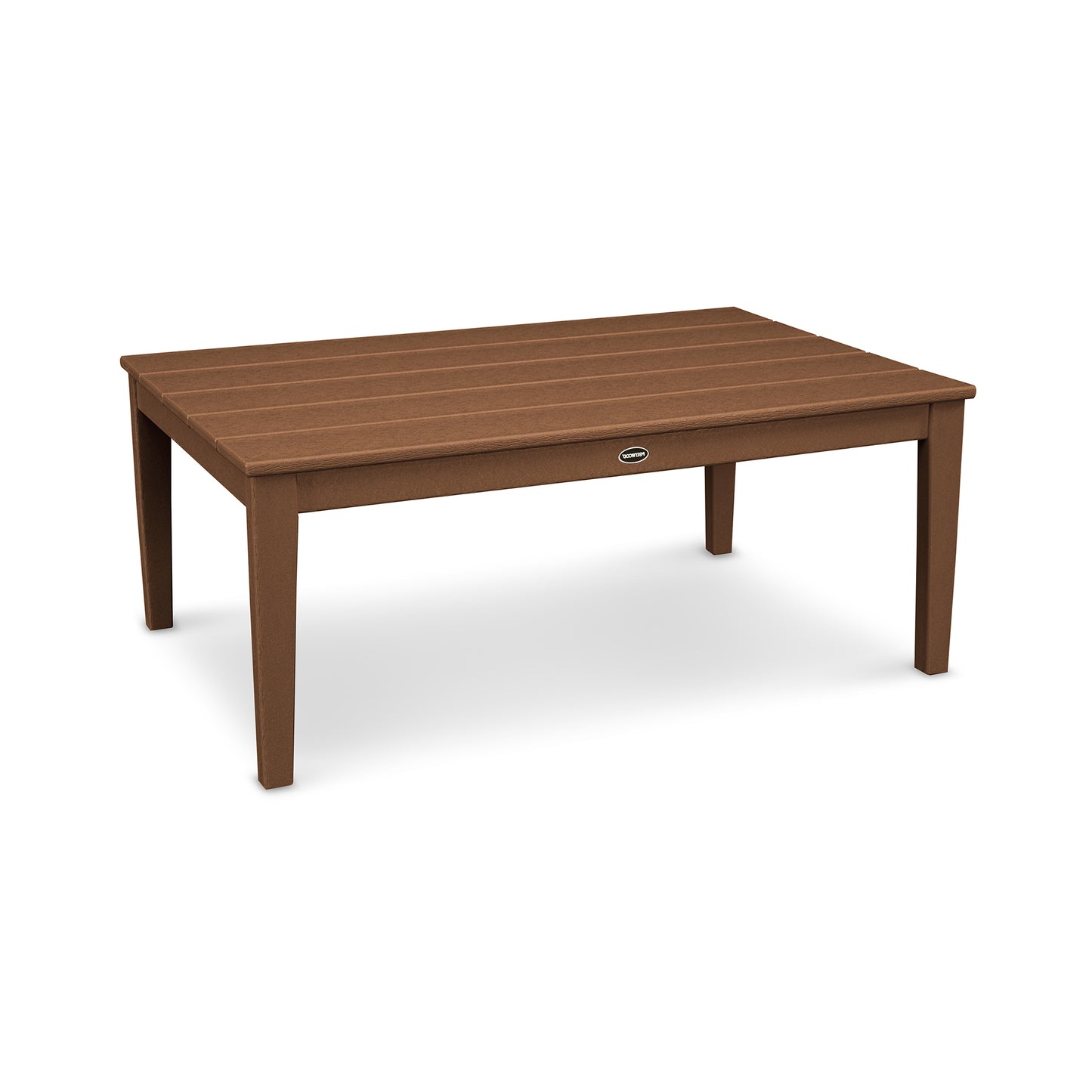 A rectangular brown POLYWOOD Newport 28" x 42" Coffee Table made of durable POLYWOOD® recycled plastic lumber, featuring a slatted design and a central hole for an umbrella. The table has four sturdy legs and a small company.