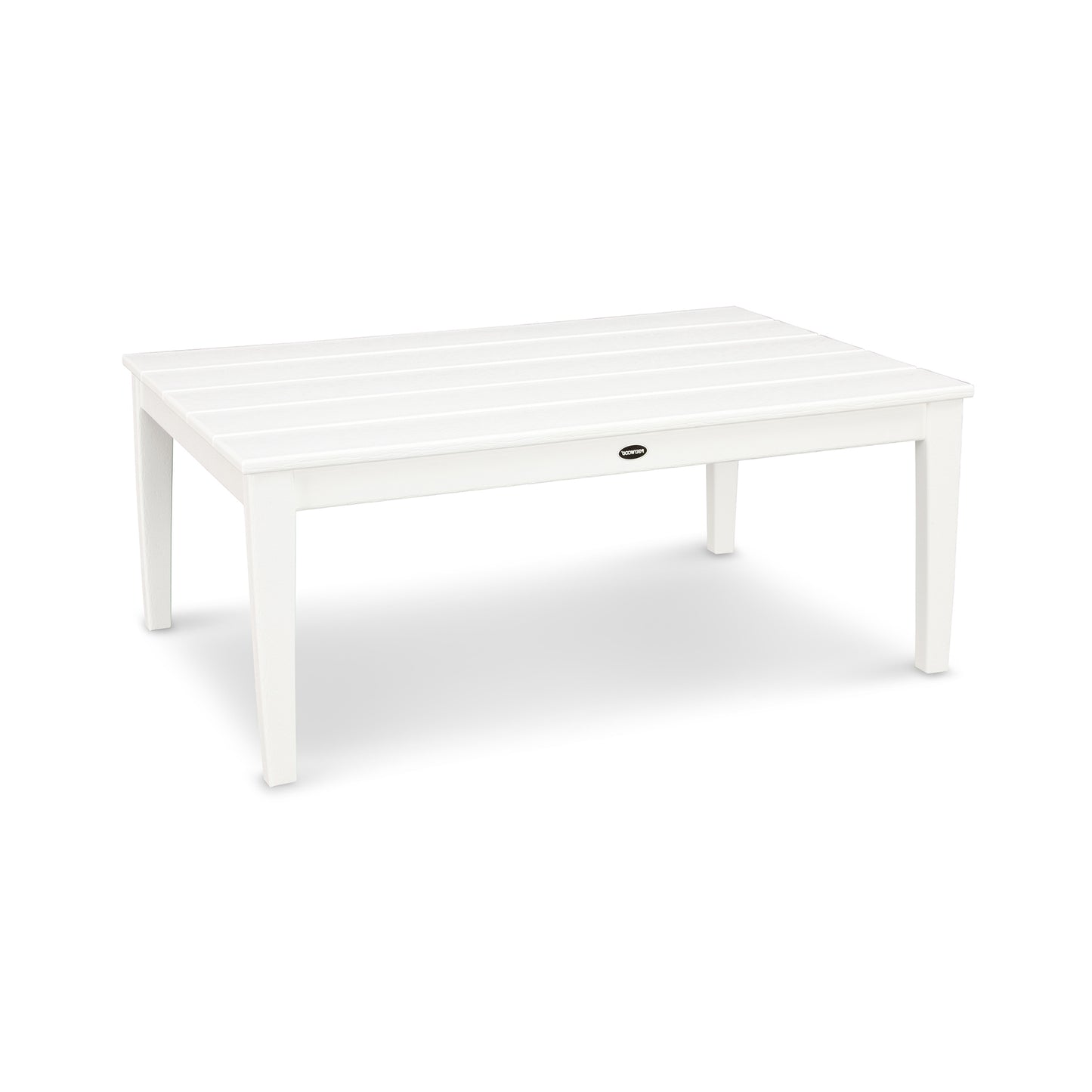 A simple white POLYWOOD Newport 28" x 42" coffee table with horizontal plank detailing on the top surface and four sturdy legs, isolated on a white background.