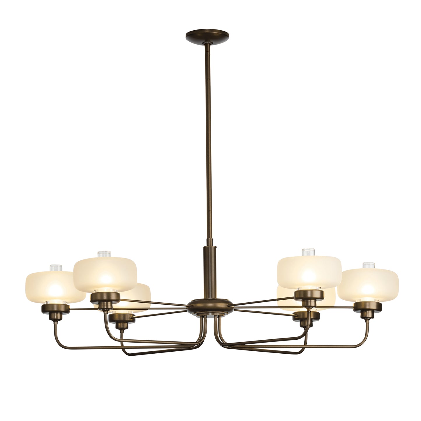 Brass Nola Pendant chandelier by Hubbardton Forge, featuring 8 frosted glass shades in a handcrafted, eco-friendly circular design.