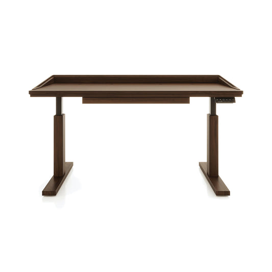 Odin Sit-Stand Desk by Copeland Furniture in solid brown wood, featuring ergonomic design, raised edges, and right-side electronic height controls.