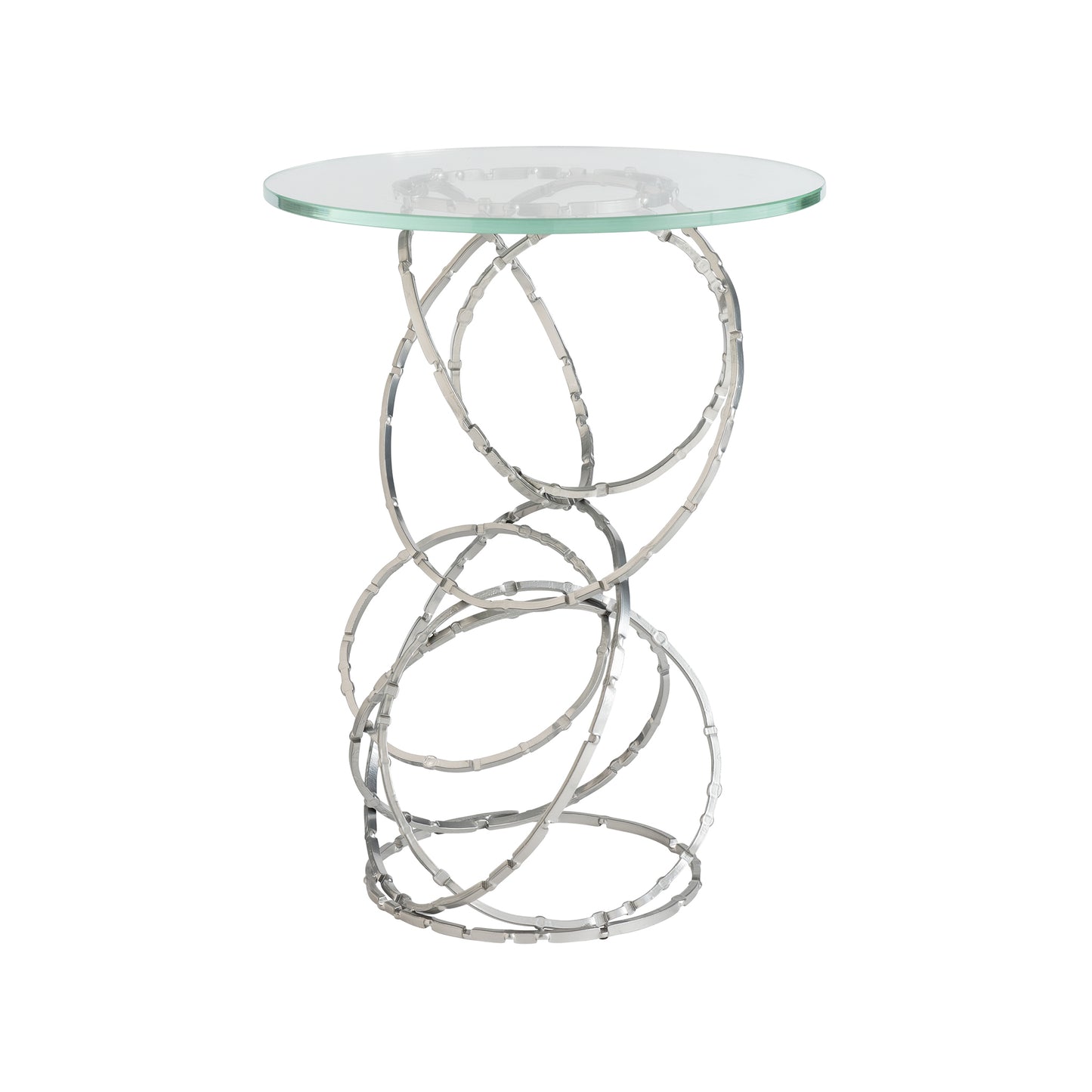 Olympus Glass Top Accent Table by Hubbardton Forge with an architectural silver metal rings pedestal base, showcasing elegant and modern craftsmanship.