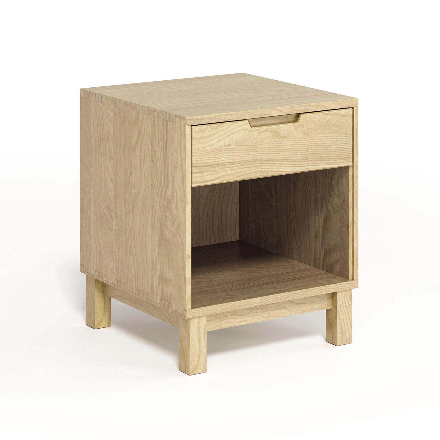 Solid oak Oslo 1-Drawer Enclosed Shelf Nightstand by Copeland Furniture, featuring a light natural finish with a drawer and open shelf.