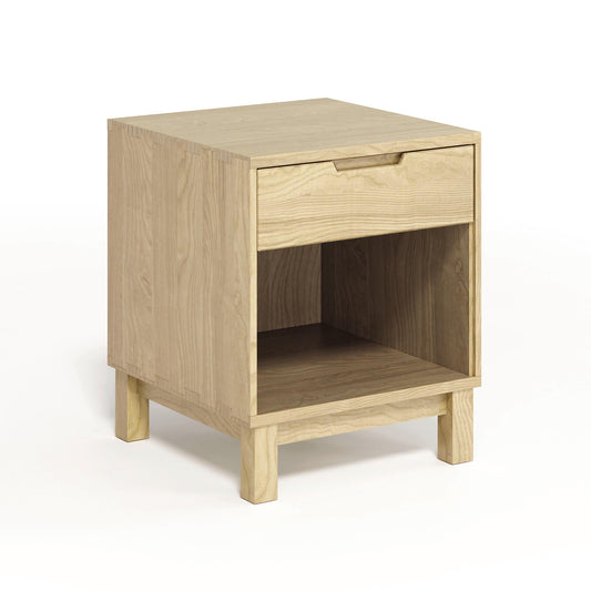 Solid oak Oslo 1-Drawer Enclosed Shelf Nightstand by Copeland Furniture, featuring a light natural finish with a drawer and open shelf.