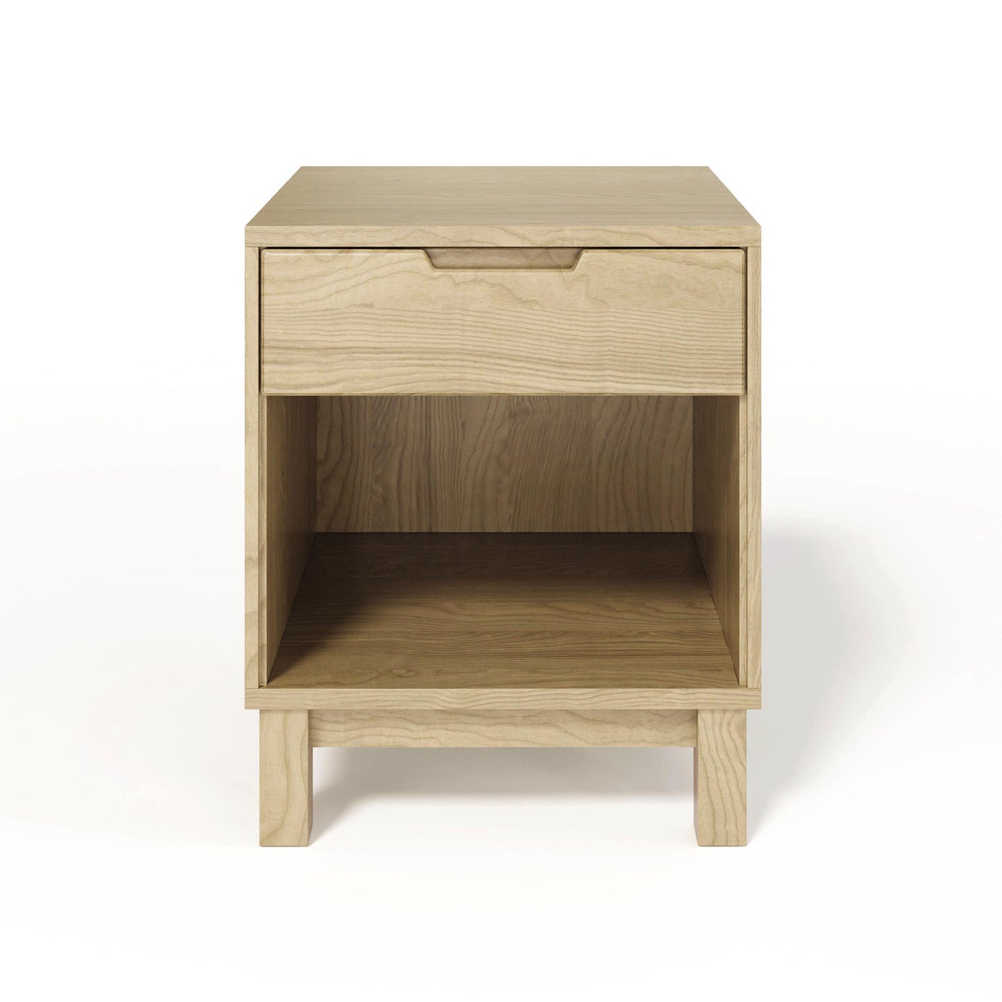 Copeland Oslo Nightstand in solid oak with a minimalist design, showcasing a single drawer and an enclosed shelf.
