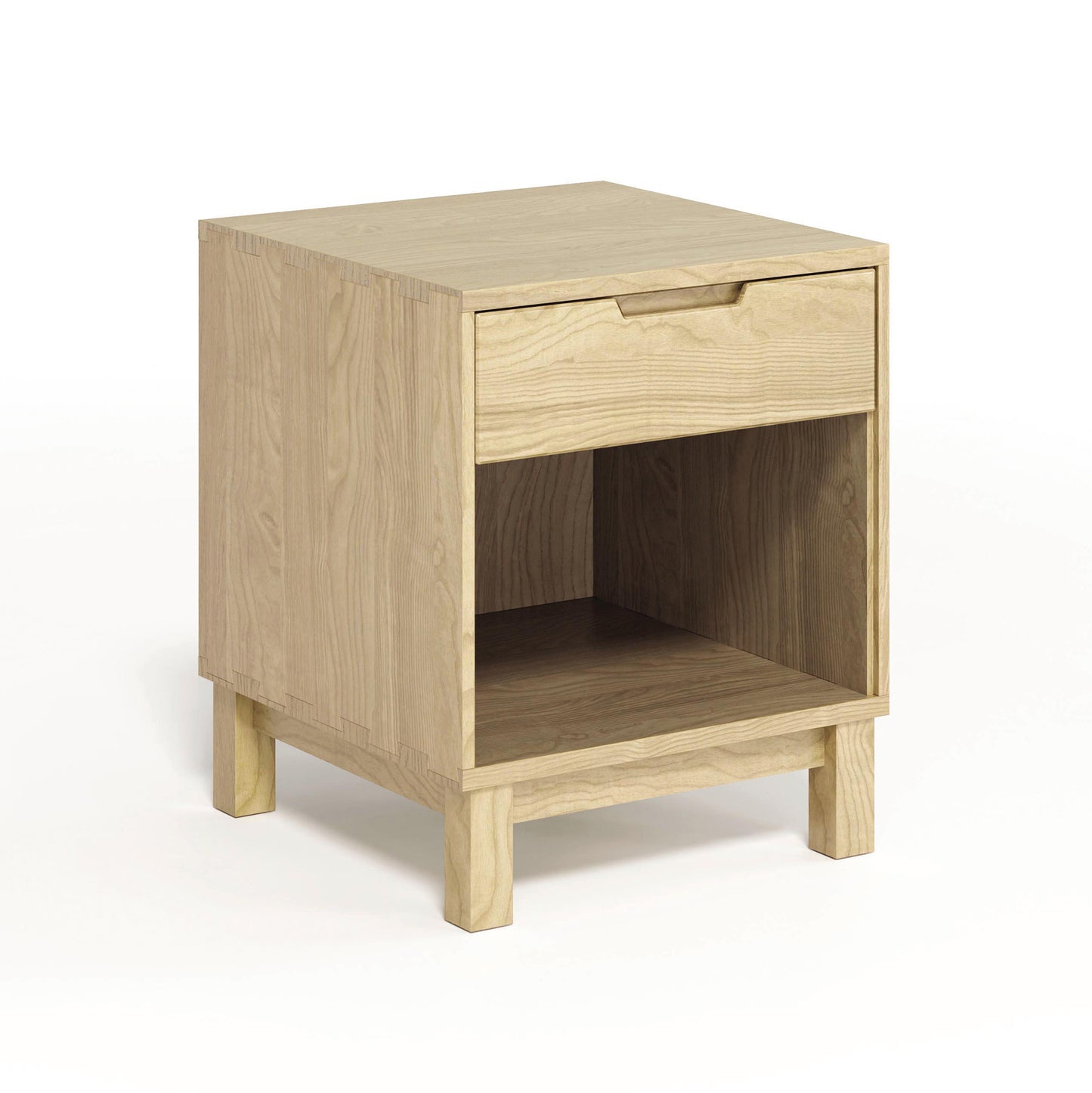 Solid oak Oslo Nightstand by Copeland Furniture featuring a drawer and enclosed shelf on four short legs.