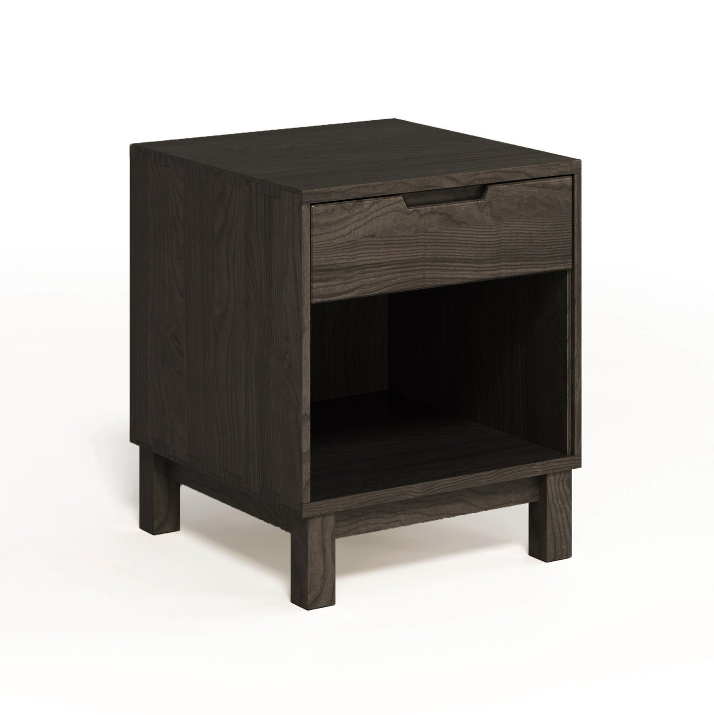 Oslo Nightstand by Copeland Furniture, crafted from solid oak with dovetail joints, featuring a single drawer and an open shelf.